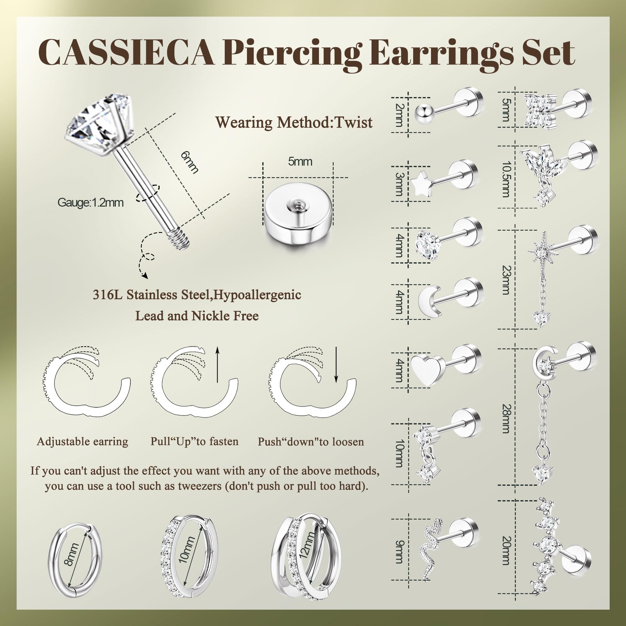 CASSIECA 15 sztuk kolczyków do uszu, stal chirurgiczna, medyczne, złote, srebrne, złote, srebrne, Rook, helix, tragus, conch, biżuteria, 15 szt