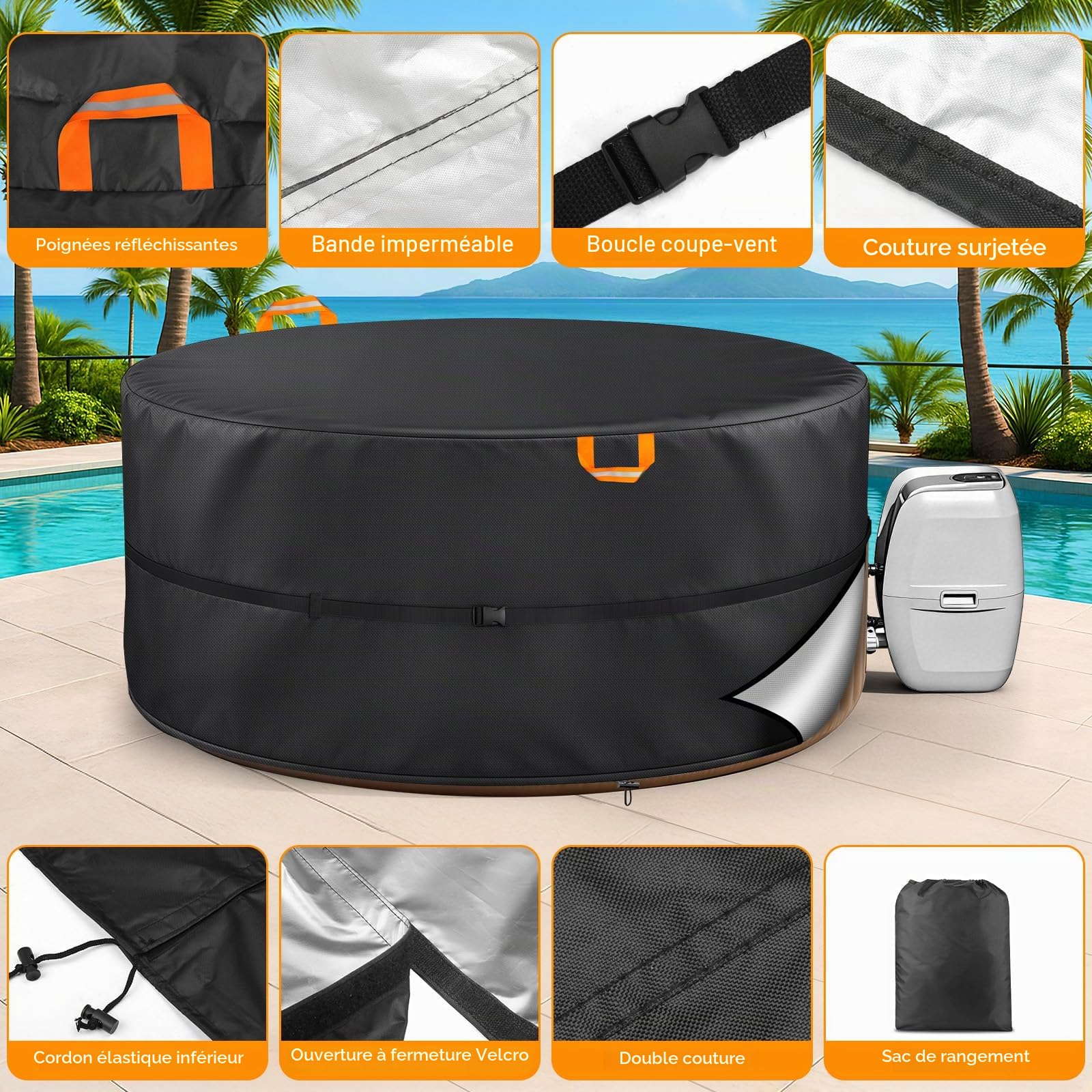 Housse de Protection Ronde pour Jacuzzi, 4-6 Personnes, Oxford 420D, Spa Gonflable Housse de Protection pour Ronds, résistante aux UV et imperméable pour Spa extérieur (200 x72cm (4 Personnes))