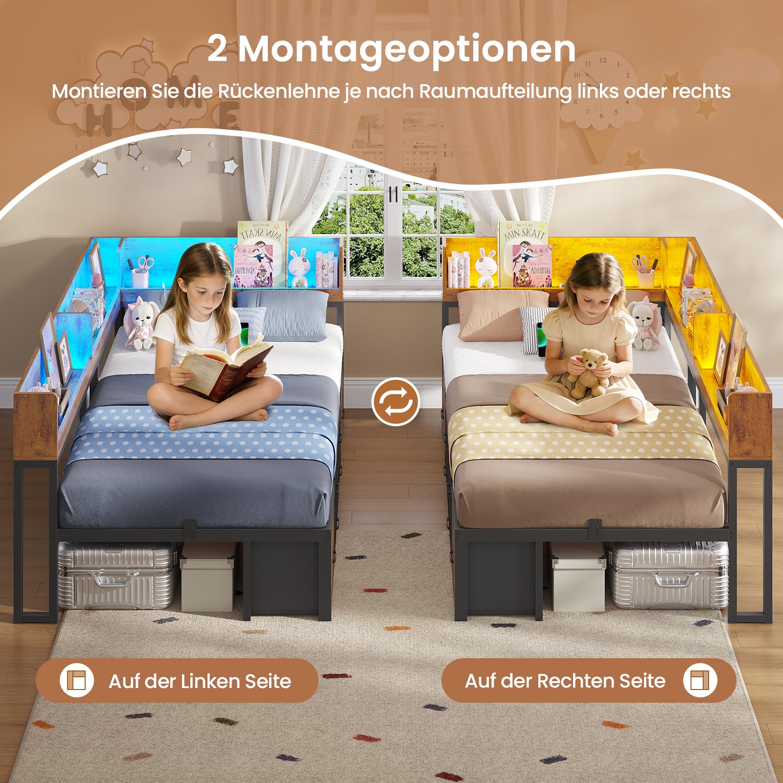 AOGLLATI Schlafsofa 90x200 Jugendbett mit Integriertem Bücherregal & 6 Schubladen,Bett mit Stauraum & LED-Beleuchtung Gästebett Tagesbett Bettgestell mit Lattenrost (Vintage Braun, 90x200cm)