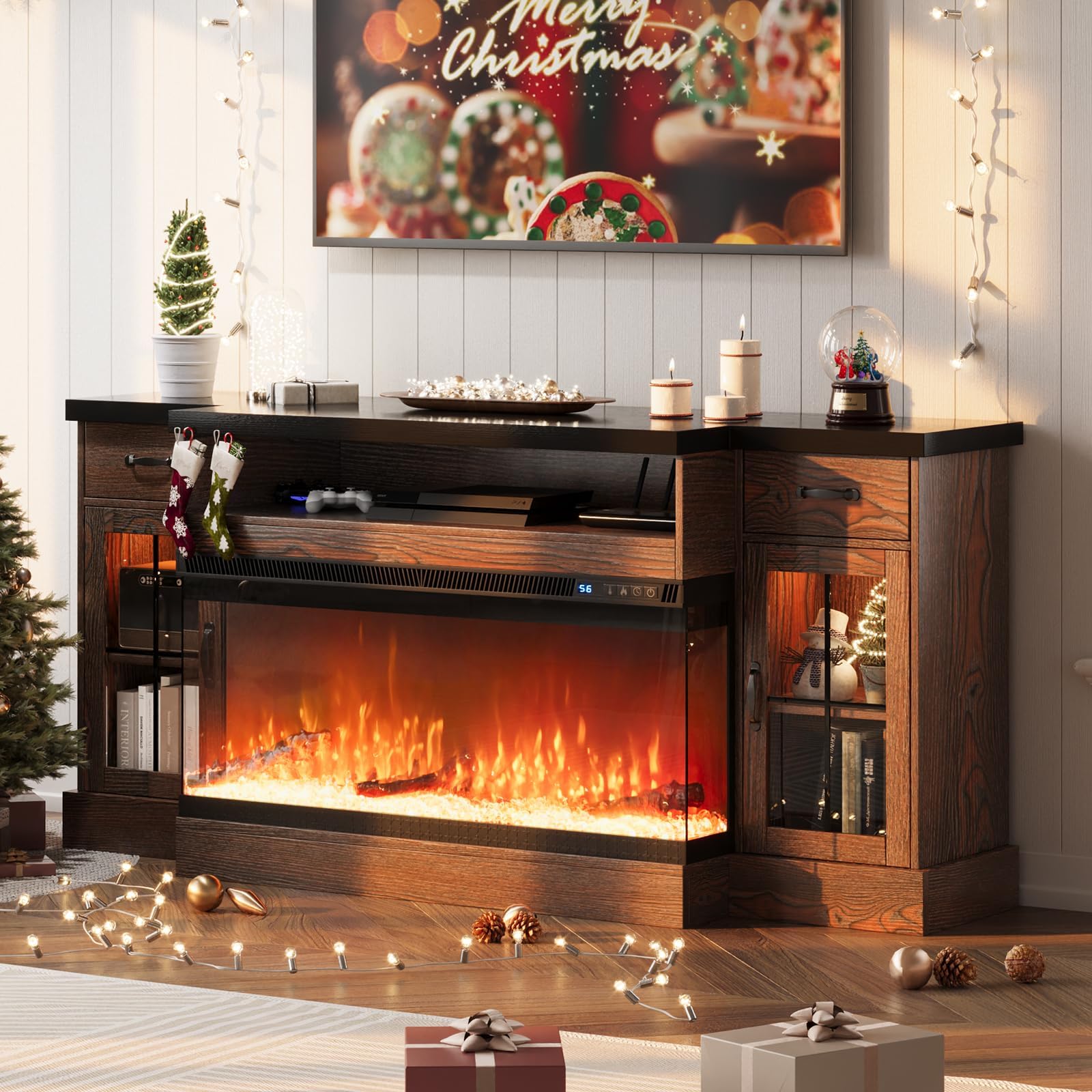 4 EVER WINNER Fireplace TV Stand with 40" Electric Fireplace for 80" TV, 70" Entertainment Center with Adjustable Storage Cabinets, LED Lights, TV Stands for Living Room, Brown