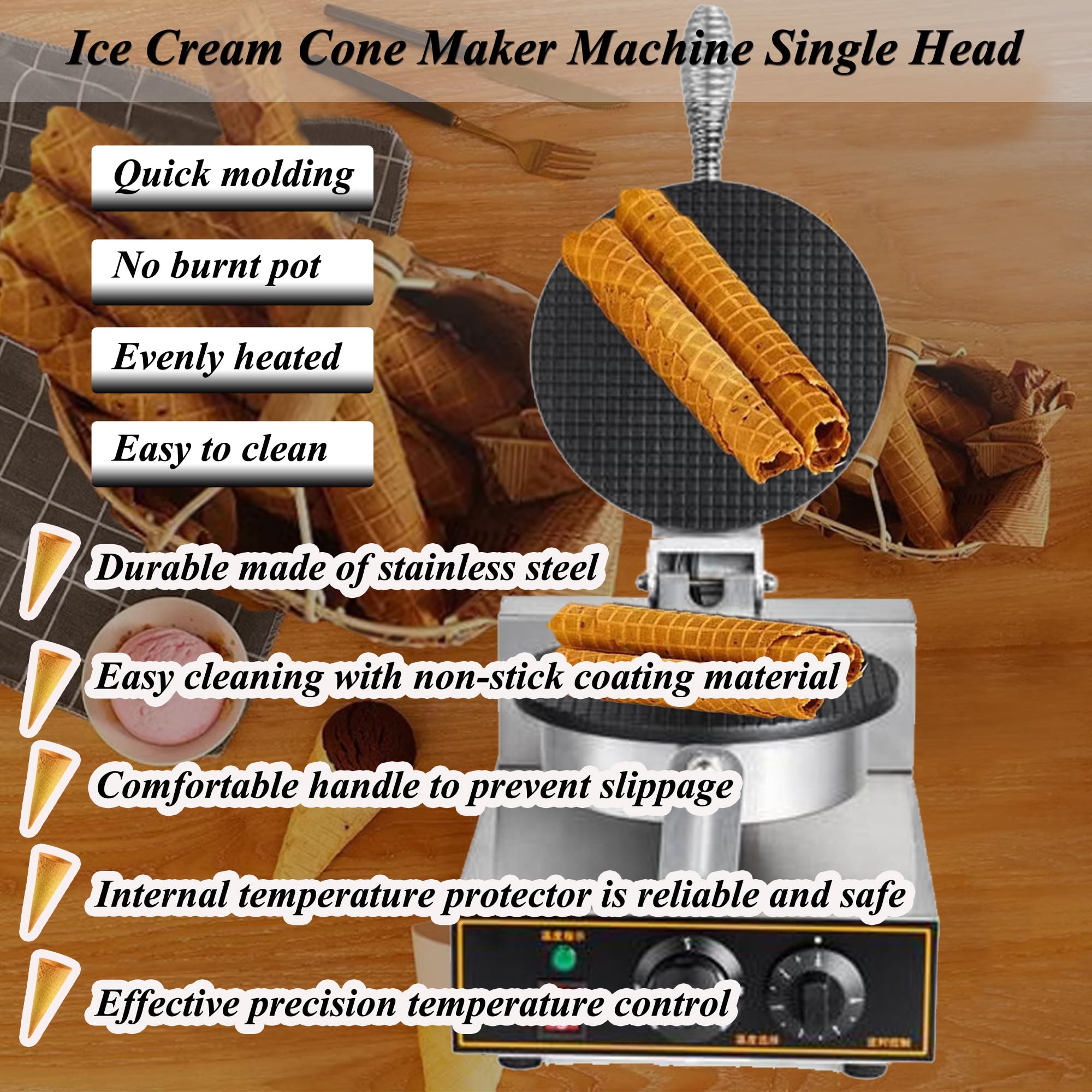 HQHAOTWU Ice Cream Cone Maker Electric Ice Cream Cone Waffle Maker Machine Nonstick Ice Cream Waffle Roll Maker Stainless Steel Egg Roll Maker Waffle Cone Machine Time Control Single Head 110V