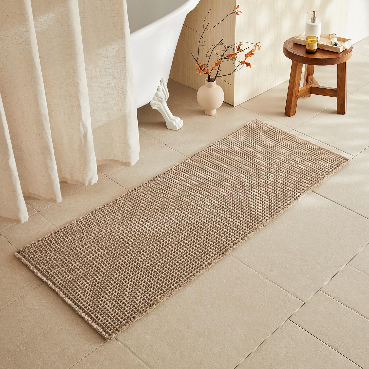TYUU Waffle Runner Rug Bathroom, Long Boho Bath Mat, 60x24 Beige