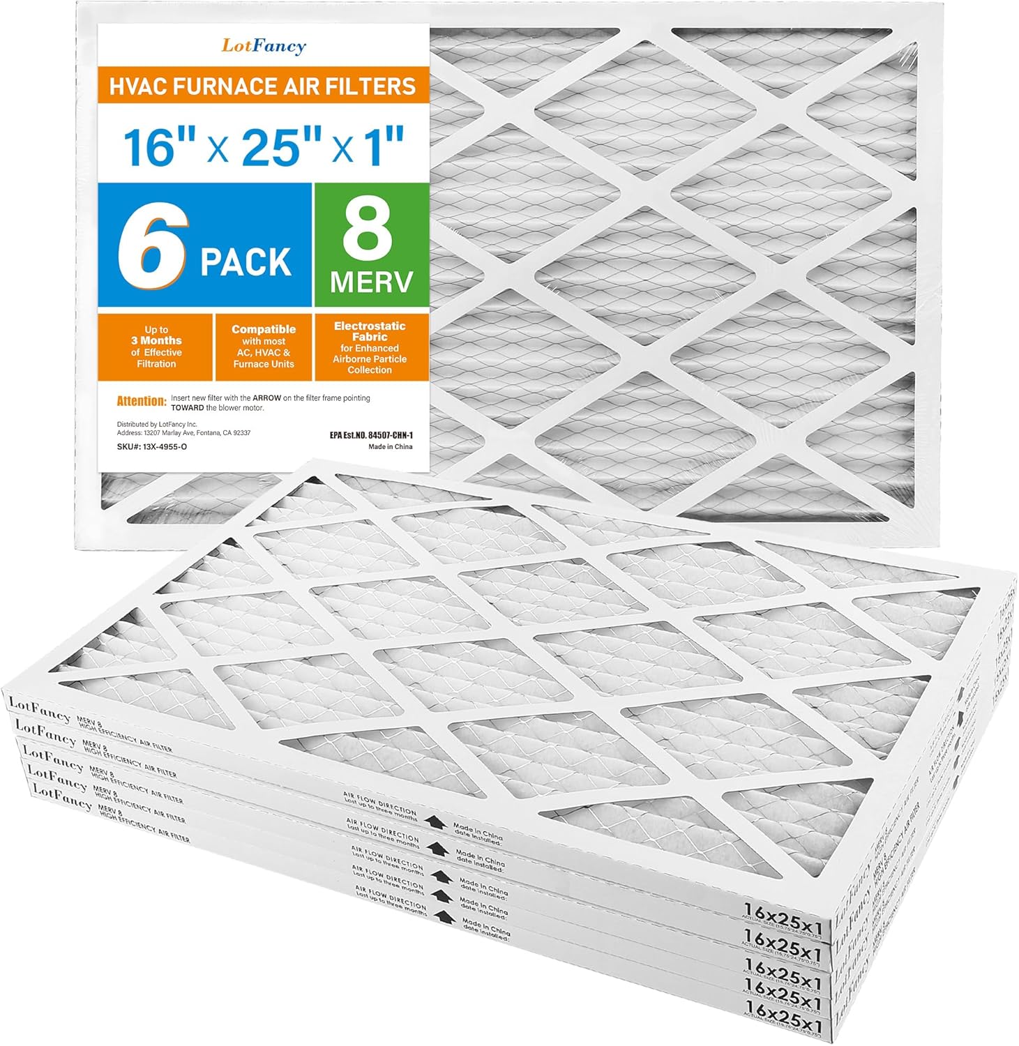 lotfancy 16x25x1 furnace filters, merv 8 hvac air filters, 6 pack mpr 600 pleated air conditioner ac filters merv 8 16x25x1(6 pack)