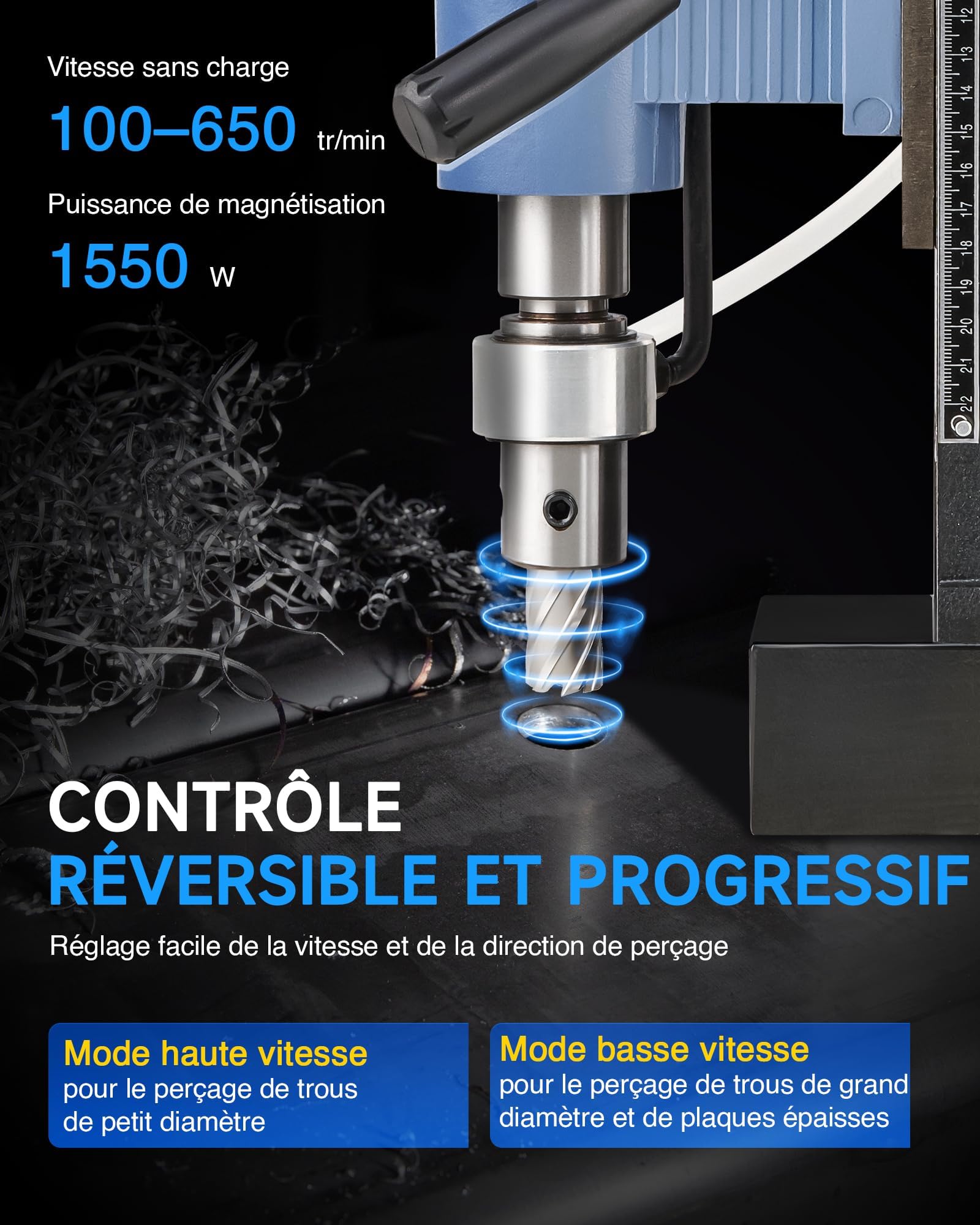 ZELCAN Perceuse Magnétique avec 11 Forets Perceuse à Colonne Électrique Portable 1550W 13900N 650 tr/min Max. Diamètre d'Alésage 50mm Max. Profondeur d'Alésage 50mm
