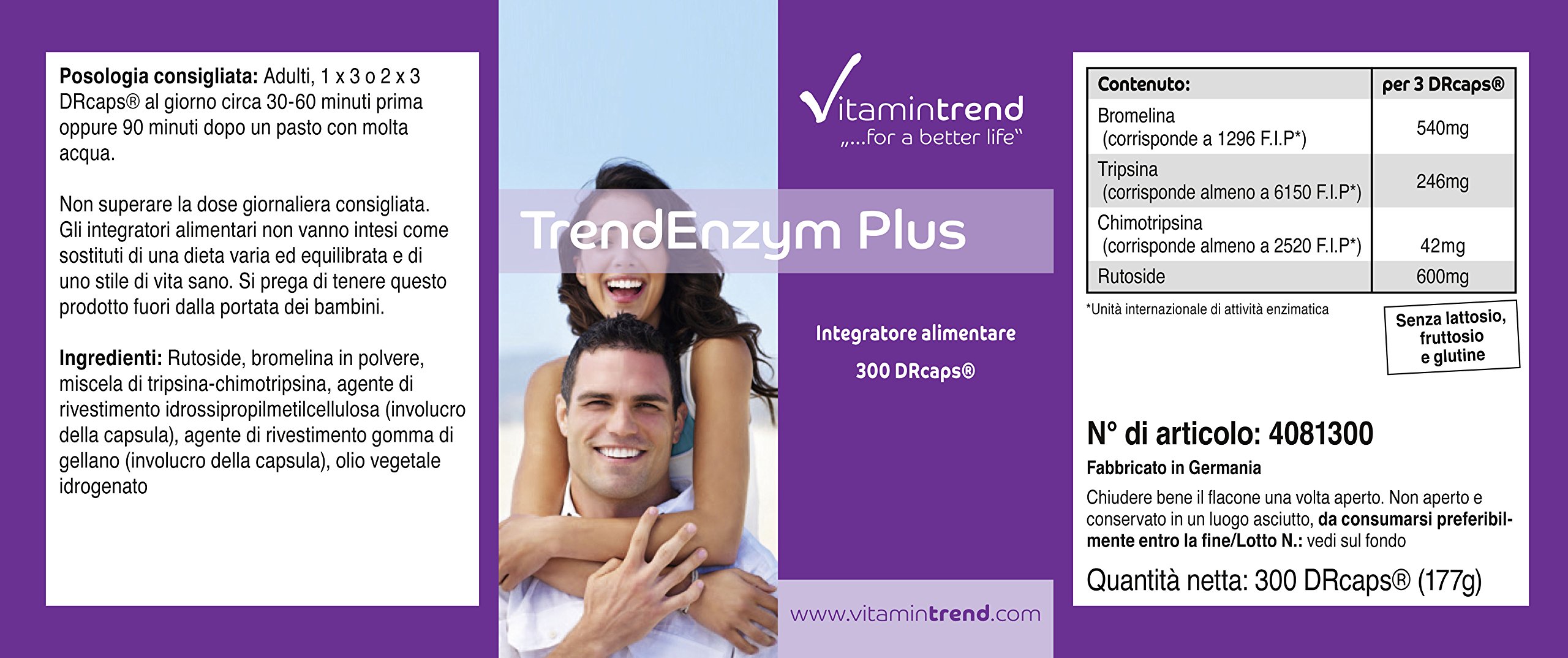 Vitamintrend Complexe enzymatique 300 gélules gastro-résistantes, avec bromélaïne, trypsine, chymotrypsine et rutoside, complément alimentaire végan sans additifs, fabriqué en Allemagne