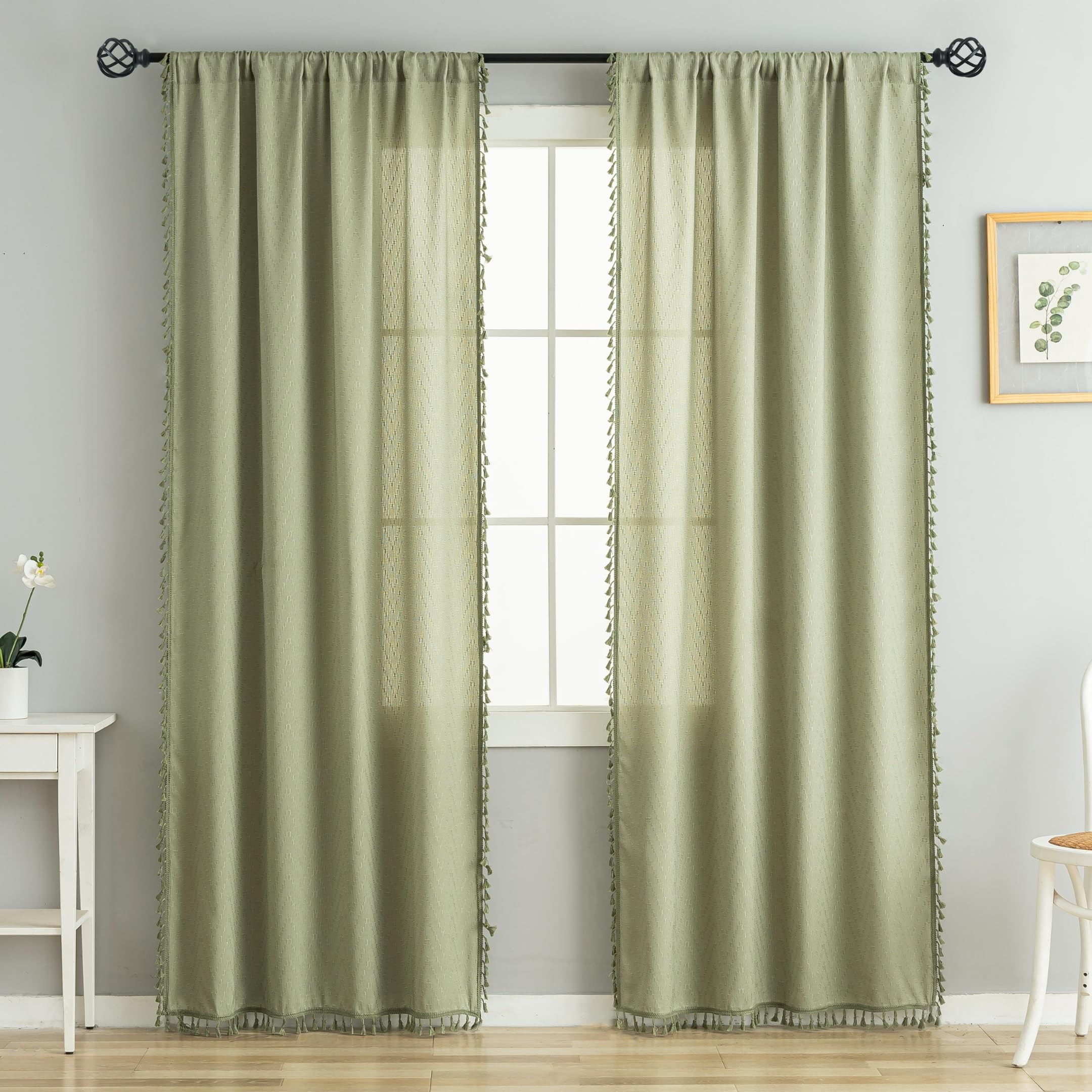 VOILYBIRD Farmhouse Curtains Tassel Fringe Geometric Design Boho Curtains 84 Inch Length 2 Panels Set, W40 x L84, Sage Green