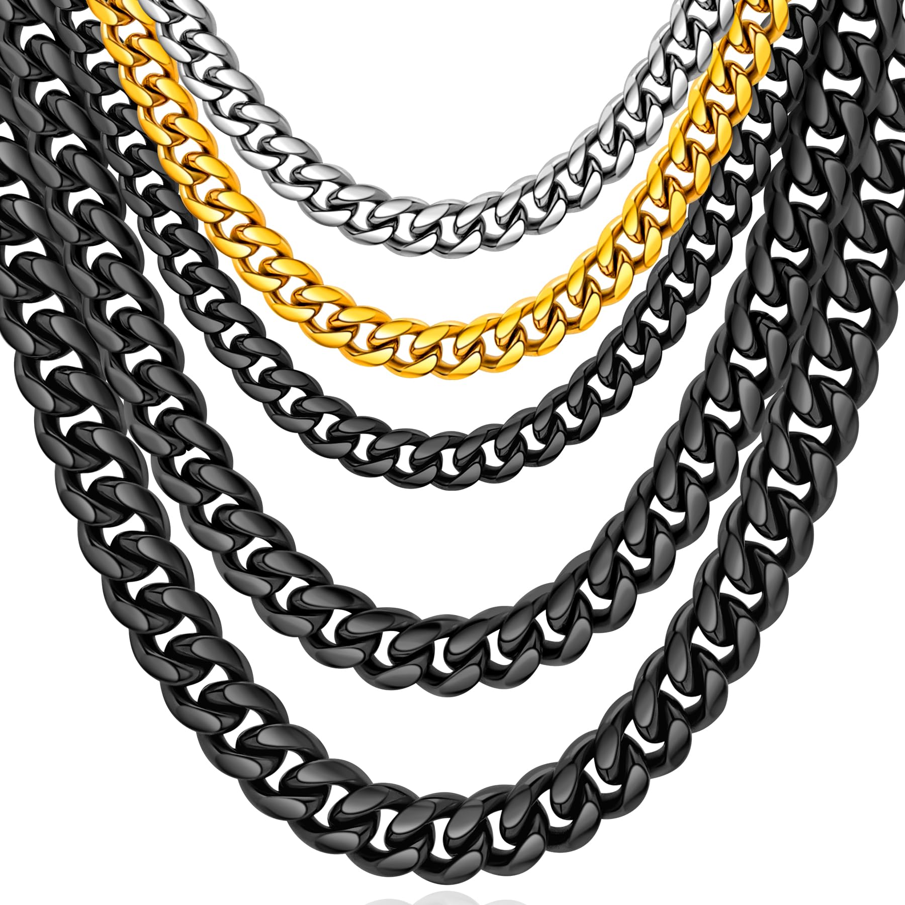 Oaldilee Stainless Steel Cuban Chain Necklace for Men Women, Real Gold/Black Plated Durable Chains, 6/10/12mm width,18"-30" Length Jewelry Gift