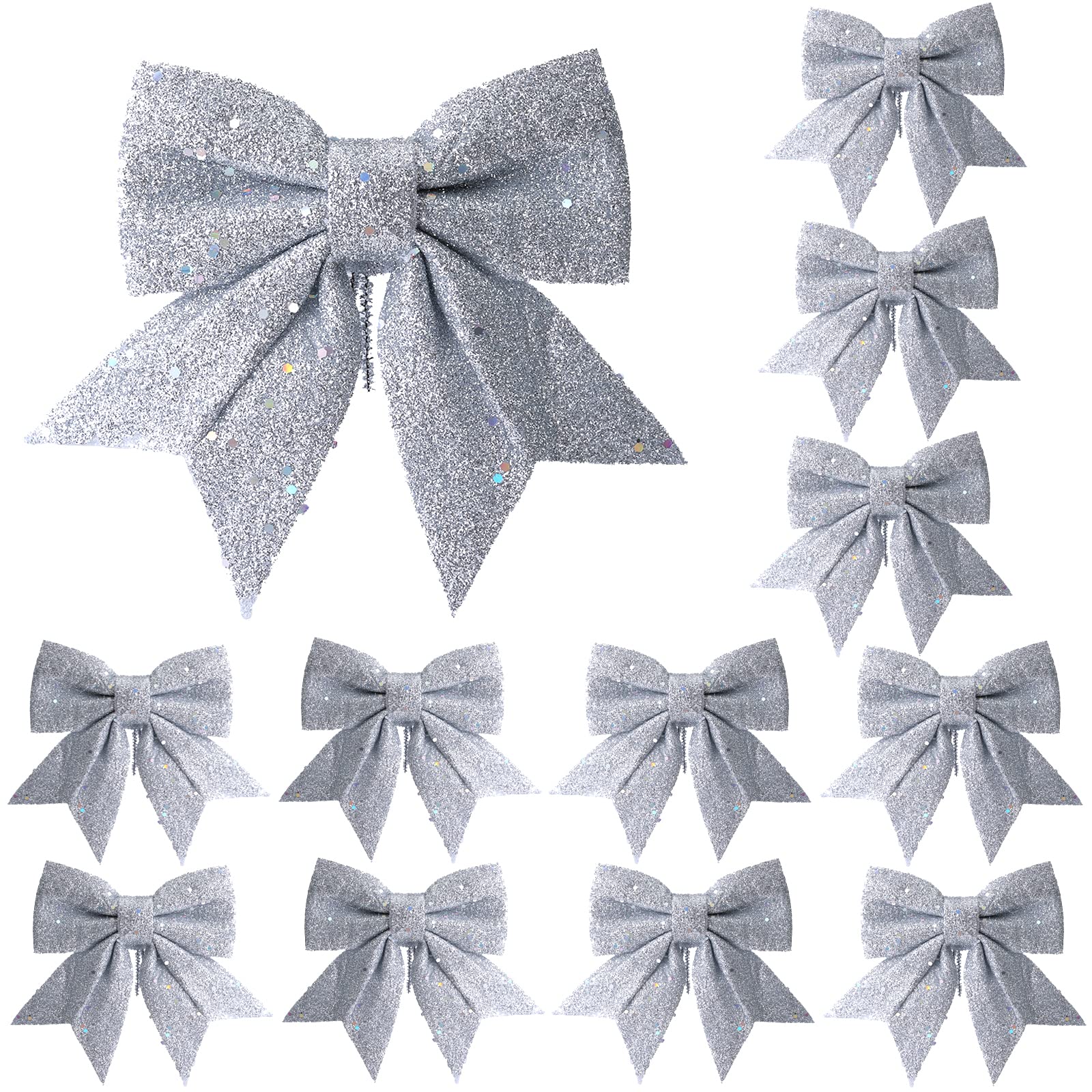 YUNSTK 12pcs Glitter Christmas Bows, Silver Bows for Christmas Tree 5.5in Wreaths Bows Xmas Bow Decorations