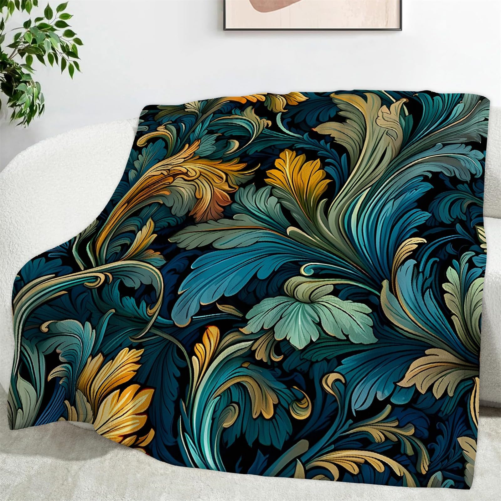 TMMDH Large Fleece Bed Blanket 220x240 cm, Super Soft Acanthus Pattern Pattern Dark Blue Printed, Cosy Warm Double Queen Size Blanket or Oversized Sofa Throw, Washable