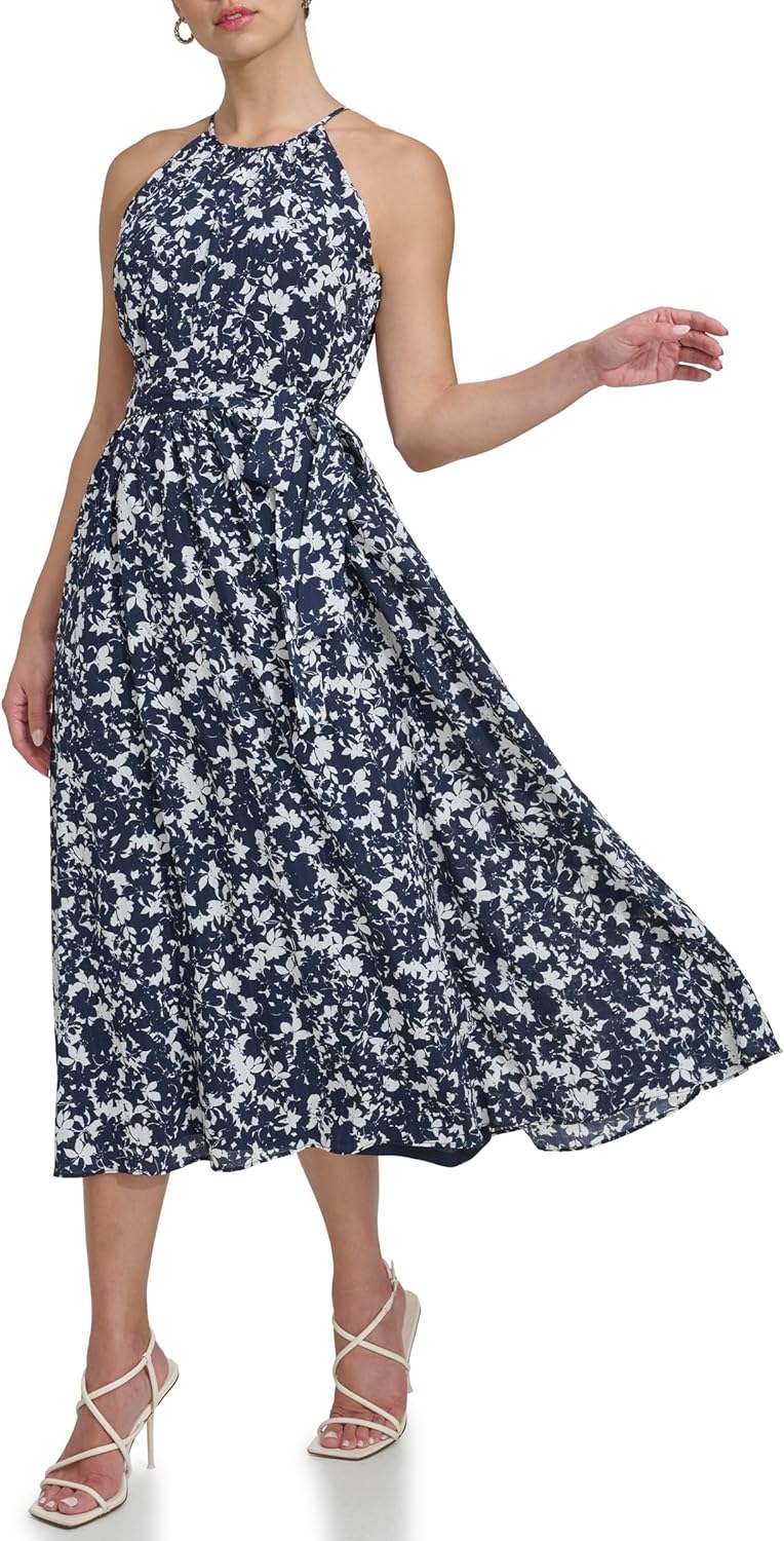 DKNY Womens Sleeveless Halter Midi Dress