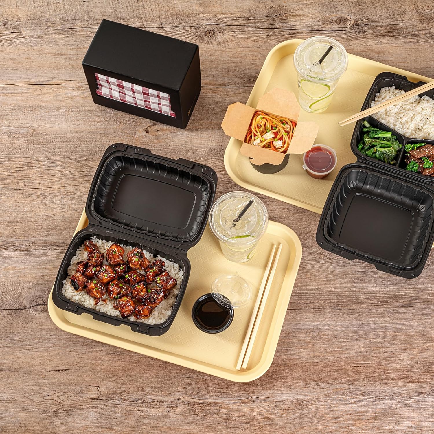 Restaurantware RW Base 12 x 16 Inch Fast Food Tray 1 Sturdy Cafeteria Lunch Tray - Lightweight No Slip Beige Plastic Serving Tray Rounded Corners for Restaurants Or Dinner Service (Pack of 4)