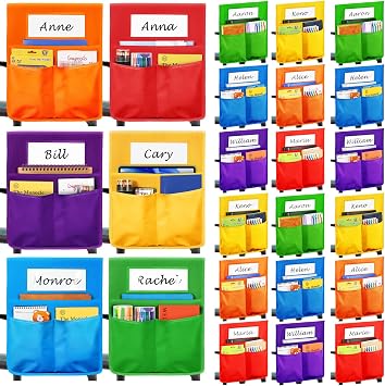 24 Pcs Chairback Pocket Chart, 16" x 18" Student Chair Pocket for Classroom | Student Chair Pockets for Classrooms, Chair Cover Organizer with Name Tag for Student Book School Table Organized, 6 Colors