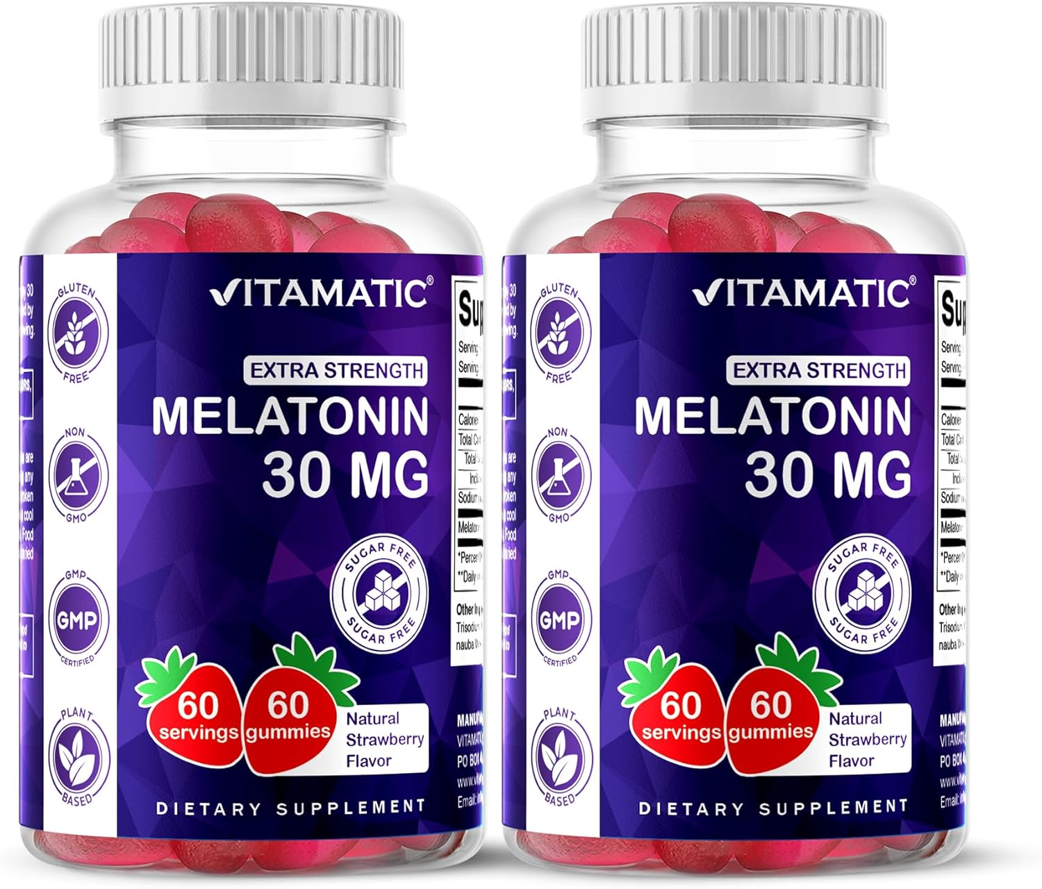 Vitamatic Sugar Free Melatonin 30mg per Gummy – 60 Servings – 60 Vegetarian Gummies – Non-Habit Forming Supplement (60 Count (Pack of 2))