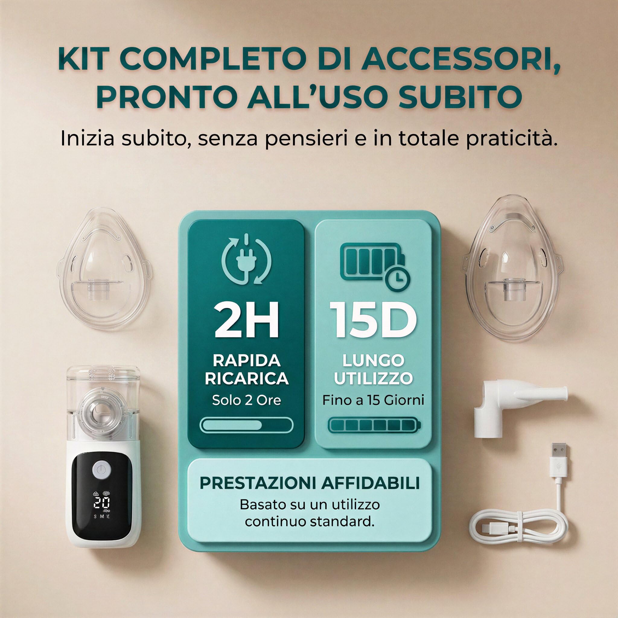 Medicinadellavoro.com - Aerosol Portatile Silenzioso, Porta USB-C con Batteria Ricaricabile e 2 Adattatori inclusi - Aerosol per Adulti e Bambini, Consigliato per Uso Domestico e in Viaggio, 1 pz
