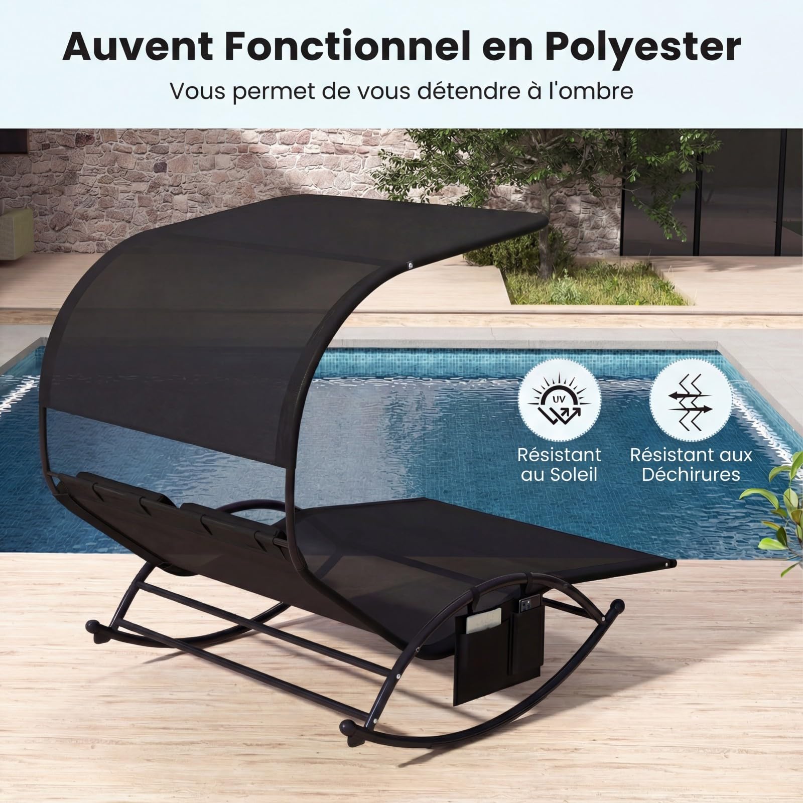 COSTWAY Chaise Longue Extérieur à Bascule, Transat à Bascule pour 2 Personnes, Lit de Repos 2 Places avec Auvent Pare-Soleil et 2 Oreillers Amovibles, Cadre en Métal Robuste, Charge 300 KG (Noir)