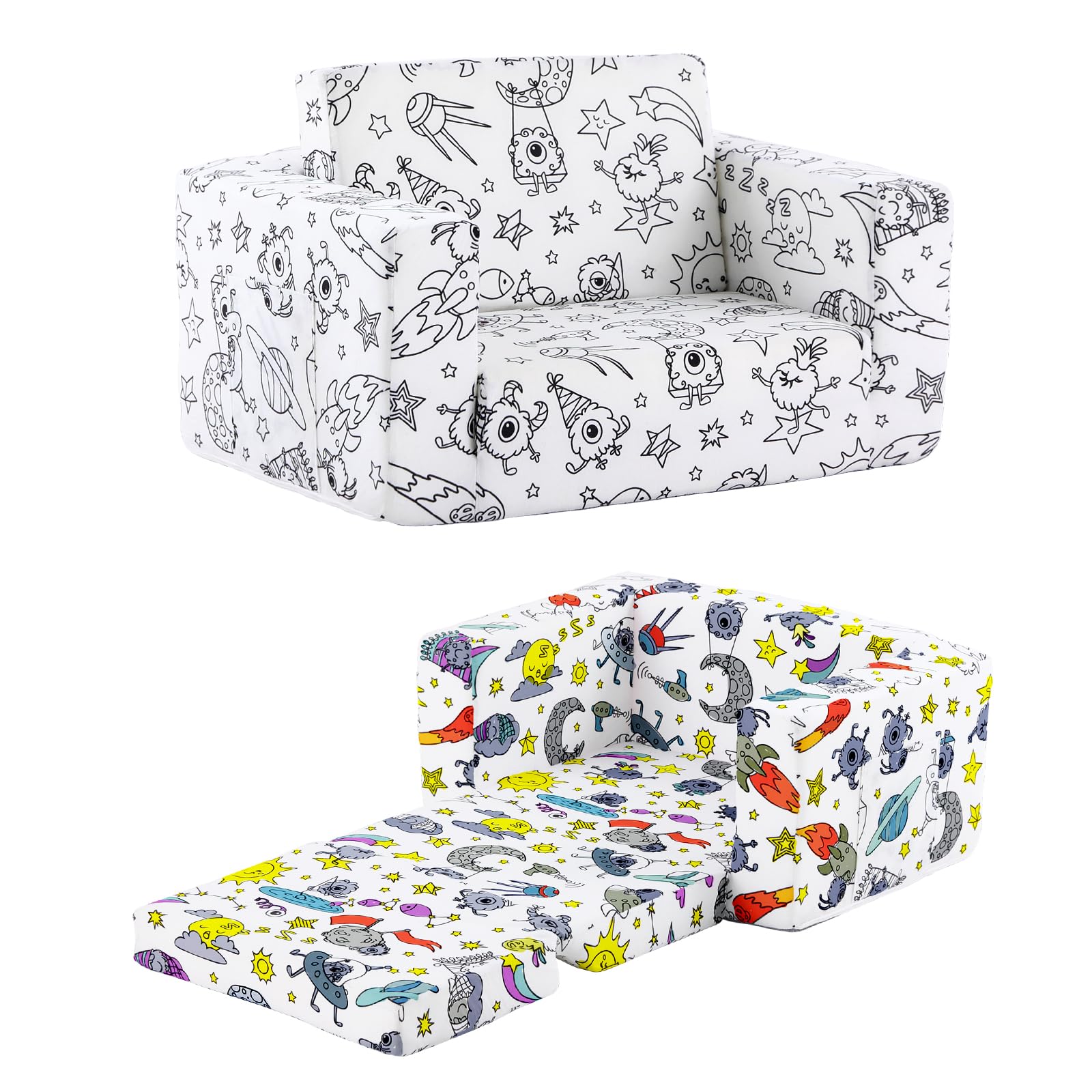 Tiita Kids Sofa Couch, Convertible Children Couch to Lounger, Toddler Comfy Sofa with Cute Graffiti Pattern Design for Girls and Boys, Graffiti