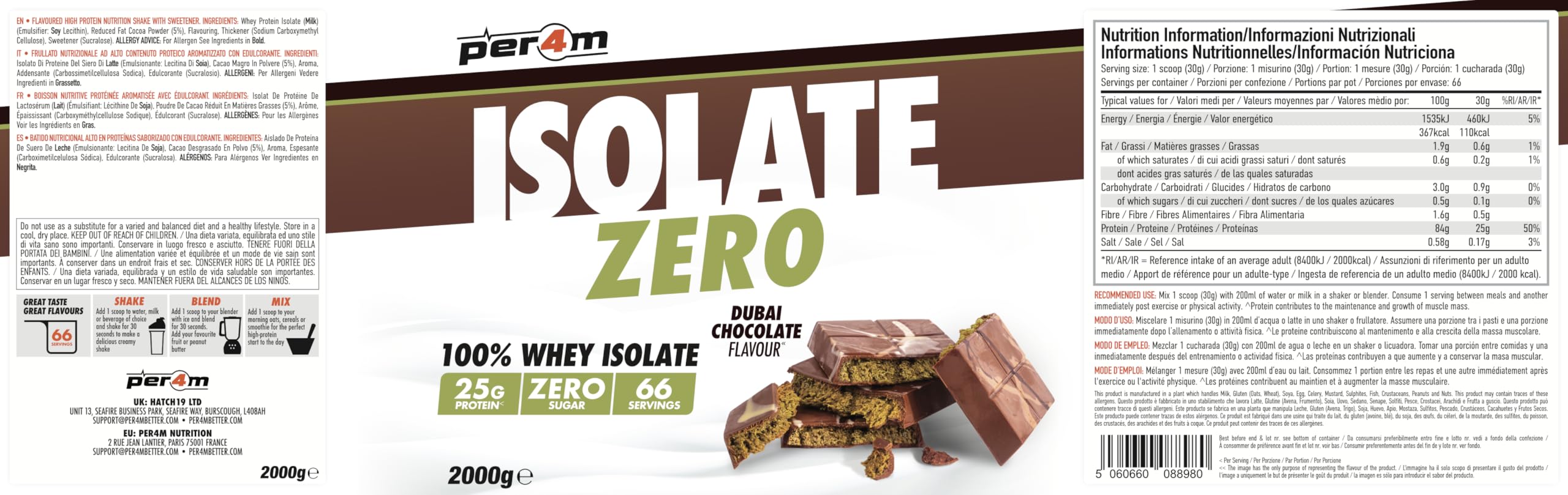 Per4m Whey Isolate Zero (2000g) Dubai Chocolate - Białka - Izolat białka serwatkowego