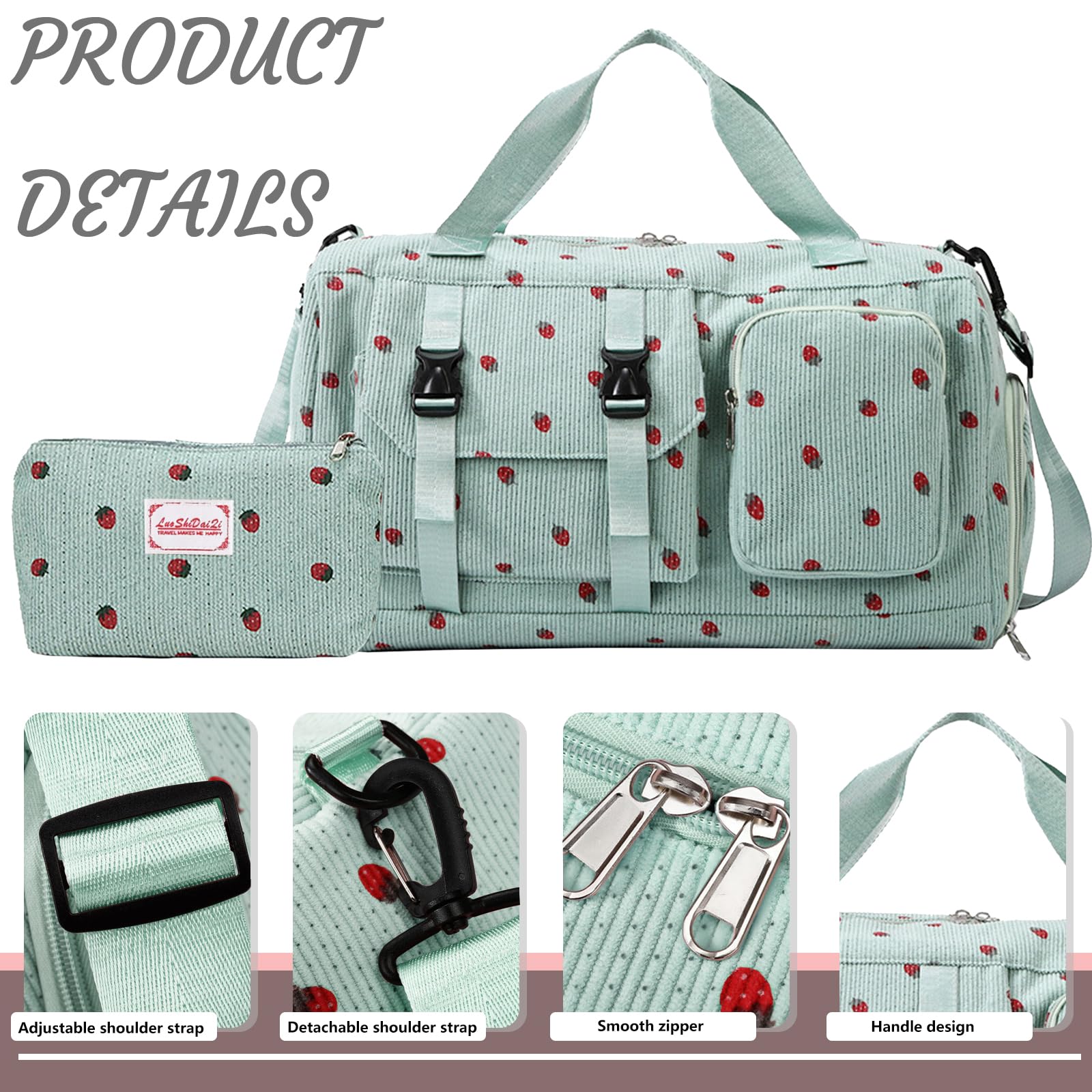 Bolsa de Deporte para Mujer, Pana Fresa Sporttasche con Compartimento para Zapatos, Compartimento y Billetera Pequeña para Mojados, Bolsa de Viaje für Viajar, Fitness, Deporte, 46x24x26 cm — view 3