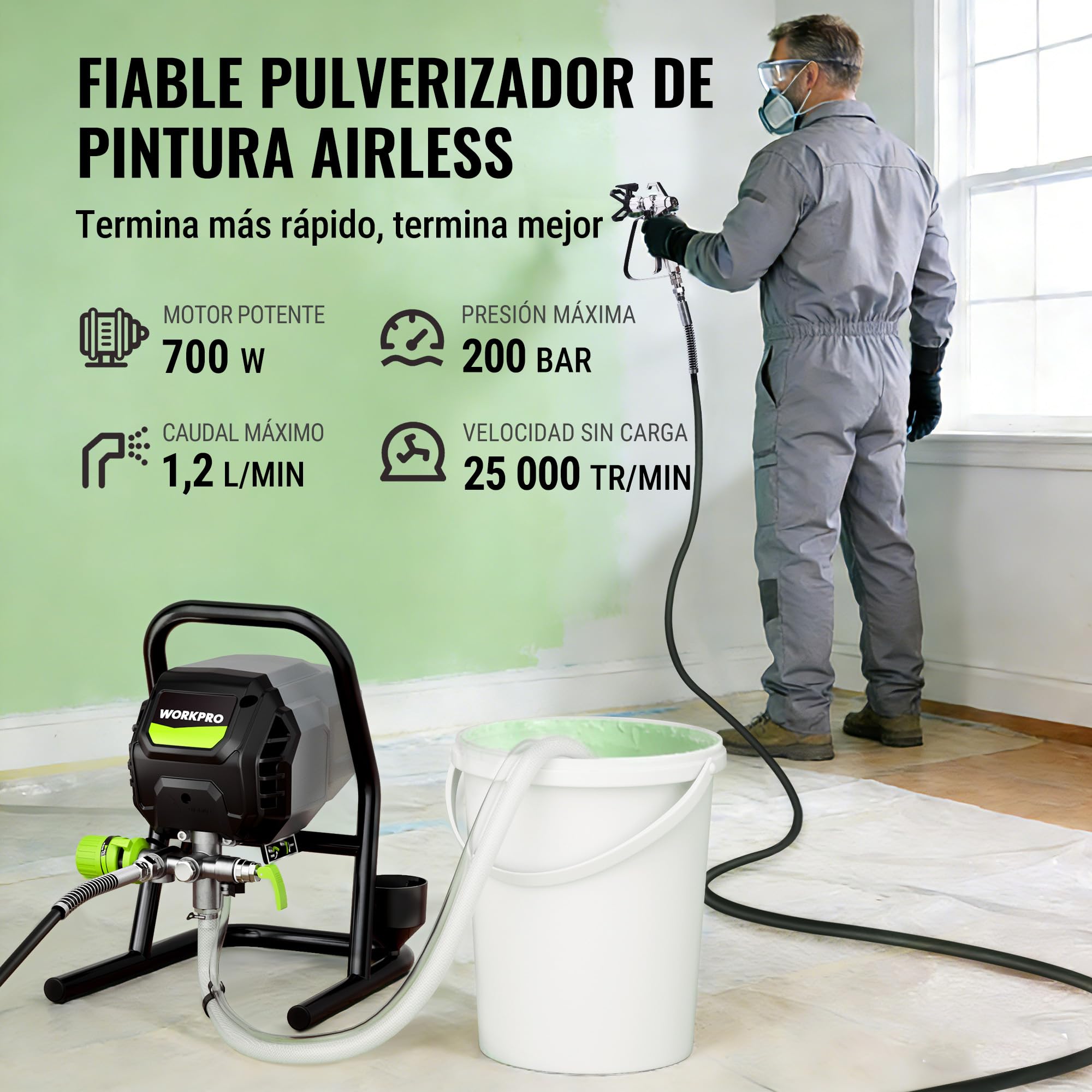 WORKPRO Pulverizador de Pintura Airless Eléctrico 700W, Máquina de Pintar con 3 Niveles de Presión Ajustables, Caudal 1,2 L/min, Máx. 200 Bar, para Uso Doméstico, Jardín e Industrial