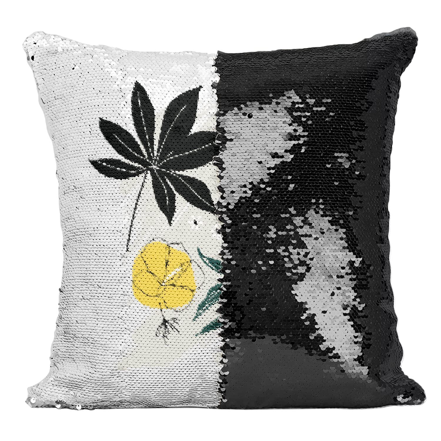 Coussin paillettes noir idée cadeau originale déco dessin tropical