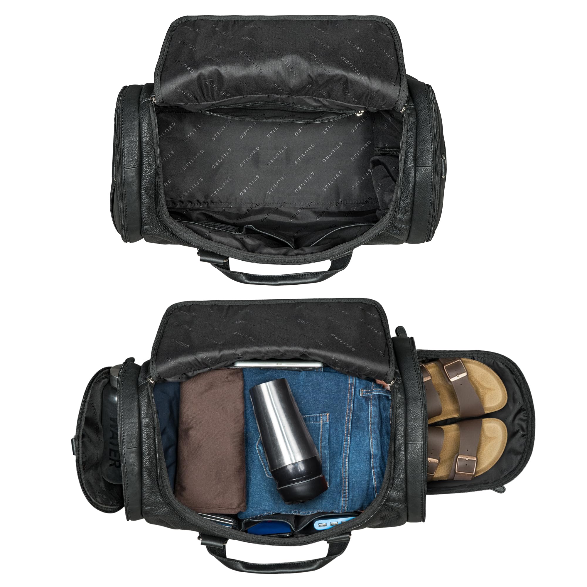 STILORD Salvador Bolsa de Viaje Hombre de Cuero con Compartimento para Zapatos Duffle Bag 30L – Pequeño Equipaje de Mano Travel Bag Piel Autentica para Viaje y Deporte Color:Negro