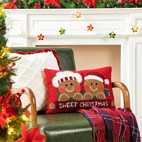 Glitzhome Hooked Gingerbread Boy & Girl Pillow Christmas Throw Pillows Cushion f