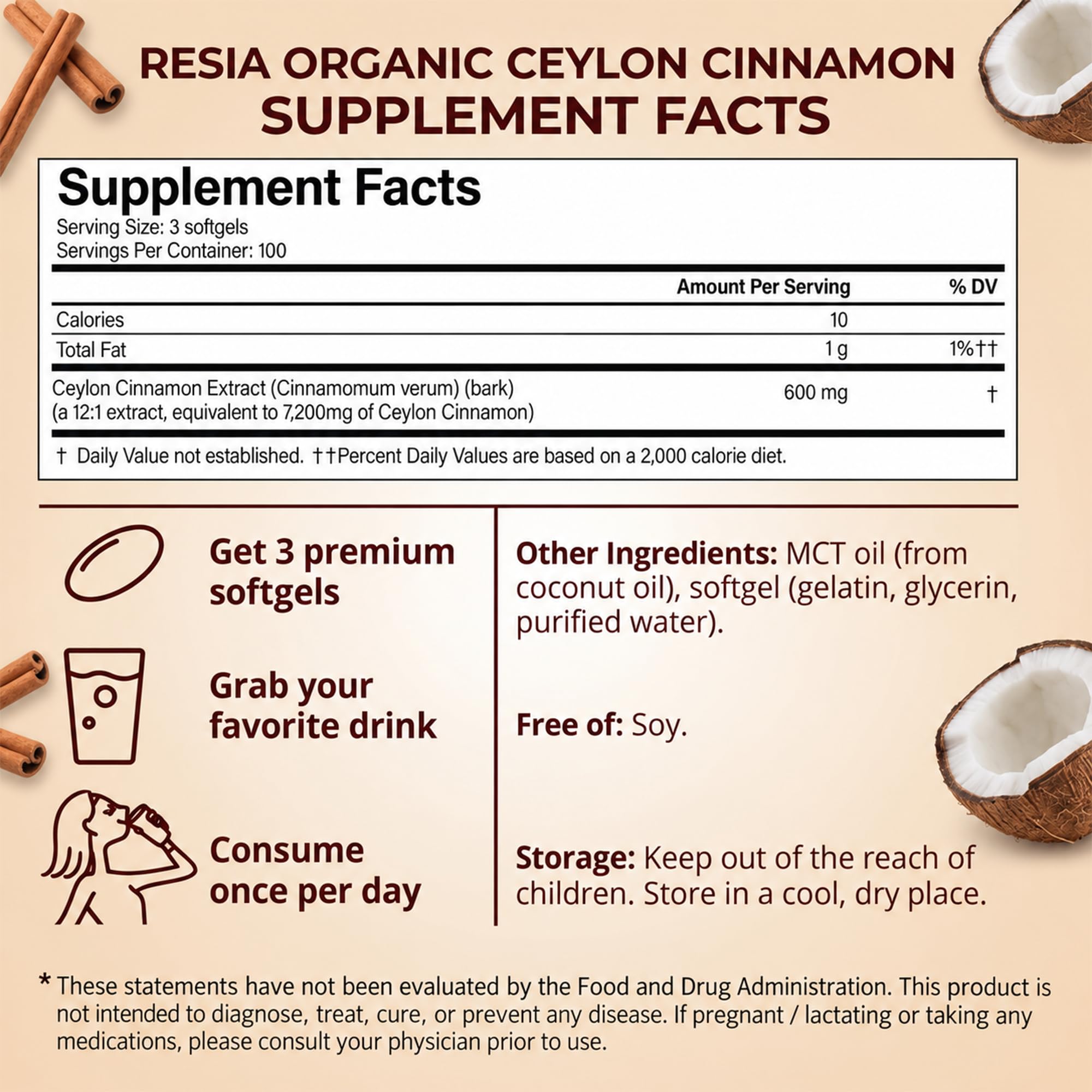 Resia Organic Ceylon Cinnamon Extract Softgels with MCT Oil, 300 Count — Amazon image 8