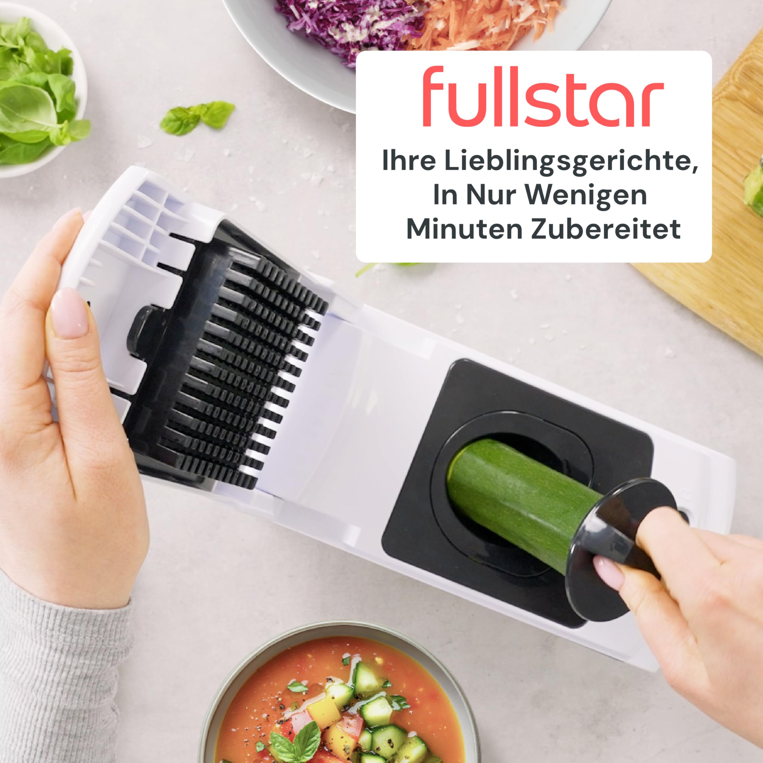 Fullstar Gemüseschneider und Spiralschneider - Zwiebelschneider Zerkleinerer - Gemüse Schneider Würfelschneider für Kartoffeln Gurken Früchte - Küchenzubehör und Küchengeräte (PRO 4-in-1, Weiß)