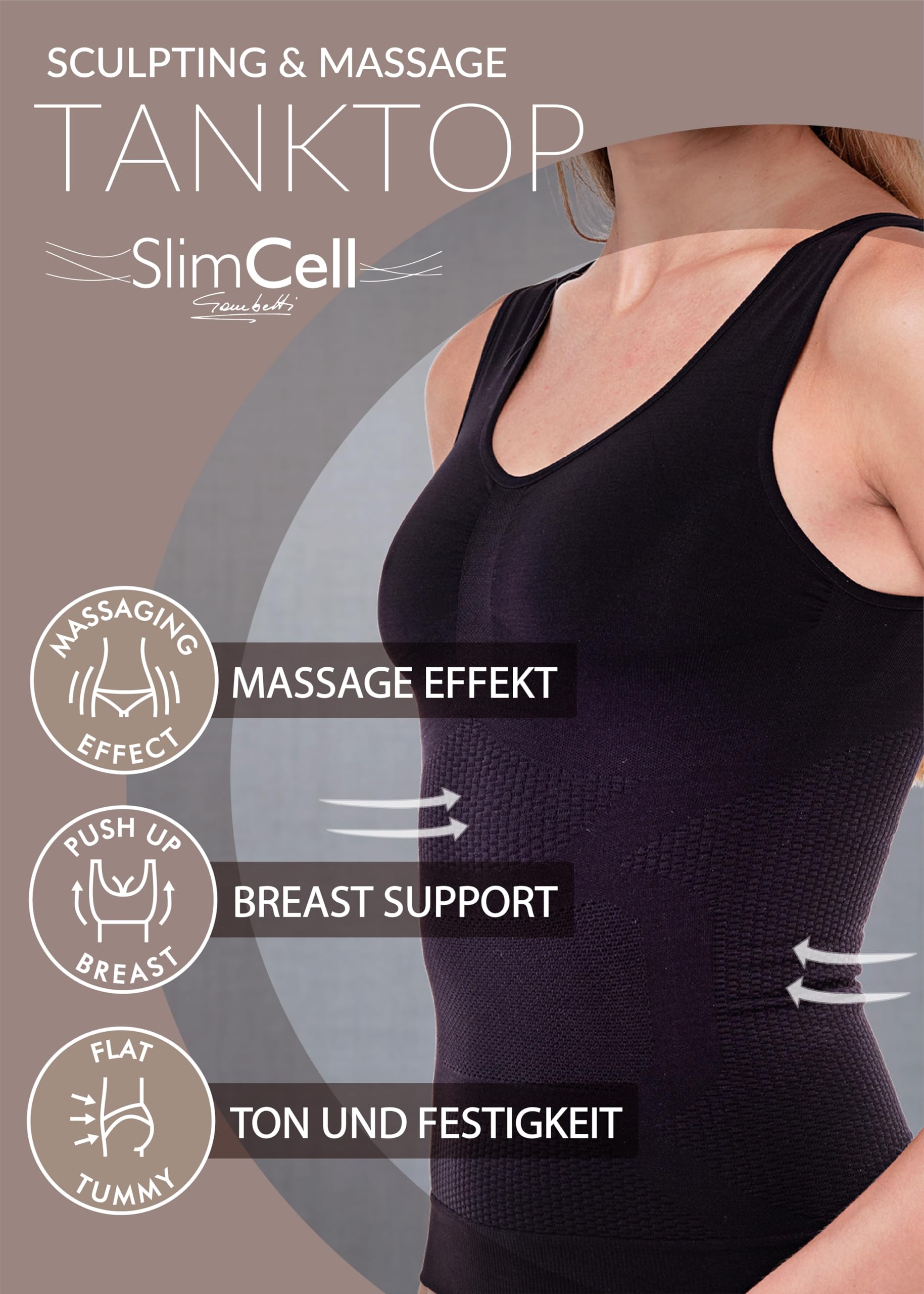 Shapewear Unterhemd Damen Anti Cellulite - Shape Unterhemd Damen mit Massage Effekt, Shaping Top aus Mikrofaser Seamless Kompression - Made in Italy