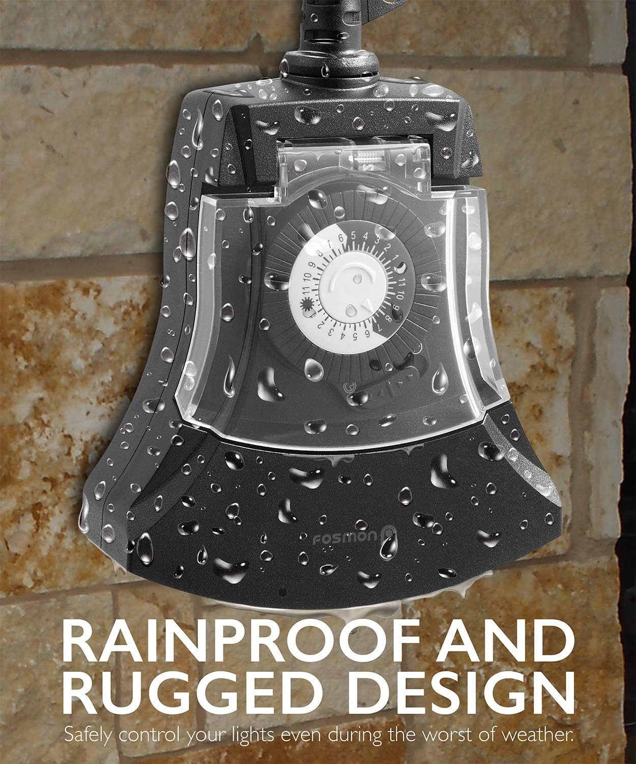 Fosmon Outdoor Timer with water droplets on its rainproof casing