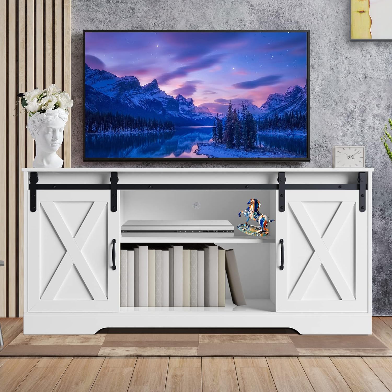 White Farmhouse TV Stand with Sliding Barn Door, Uganda Ubuy