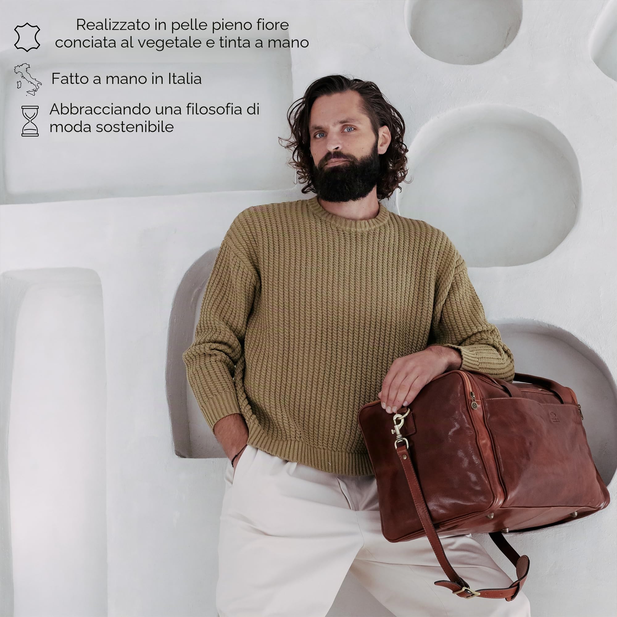 Time Resistance Borsone da Viaggio Pelle Artigianale Made in Italy – Borsone da Viaggio Donna Weekend con Tracolla Rimovibile – Borsone in Pelle Uomo con 4 Tasche Esterne