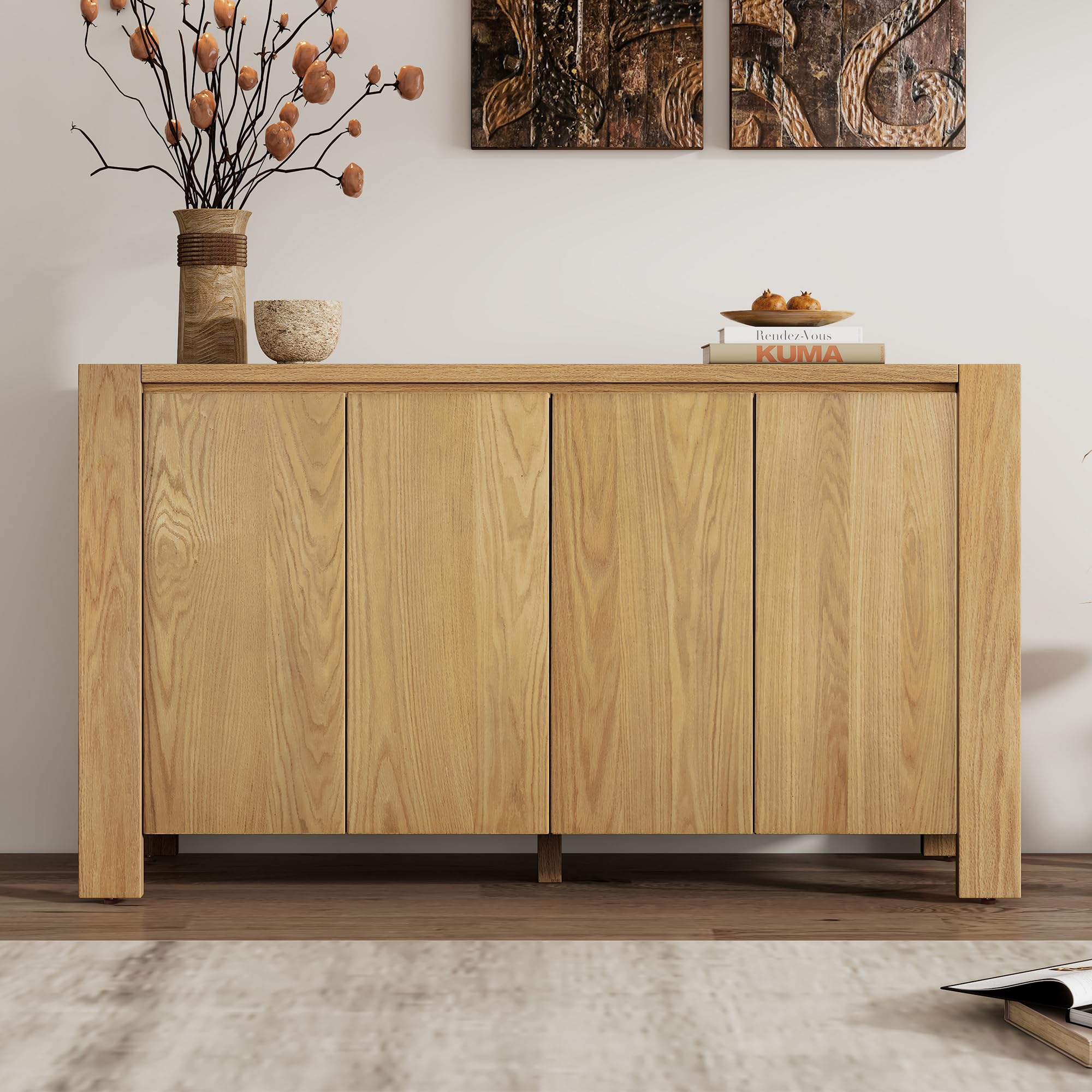 Photo 1 of GDFStudio 59" Buffet Table Credenza Storage Cabinet with 4 Doors, Retro Cupboard Sideboard Buffet with Adjustable Shelves, Wood Coffee Bar Cabinet for Dining Room Kitchen Living Room Entryway, Natural