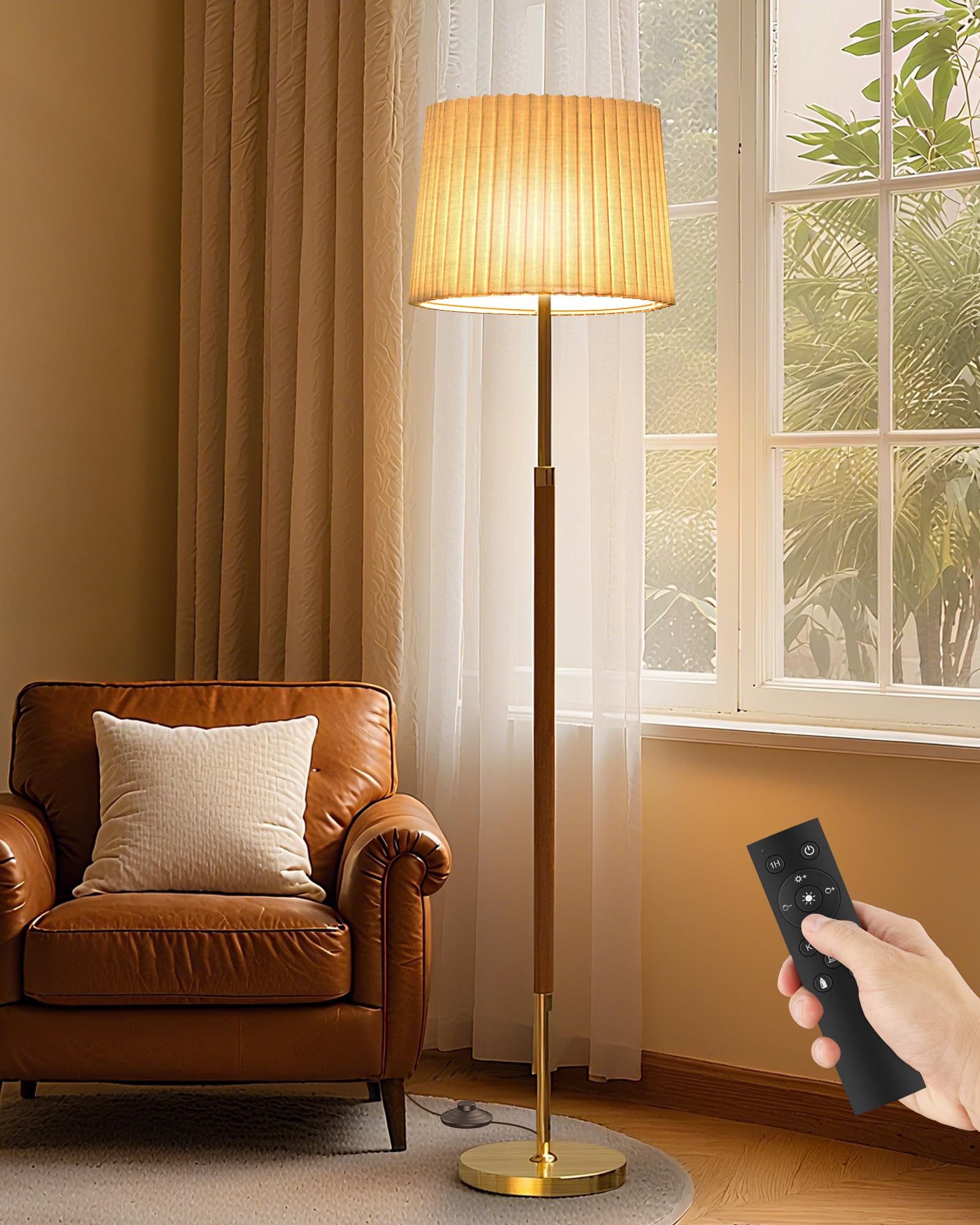 JOOFO Mid-Century Modern Wood Floor Lamp with Dual Fabric Shade, Remote Control, Dimmable & Adjustable Color Temperature, Reading & Living Room Lamp, Easy Clean Cover, Foot Switch,Walnut Wood