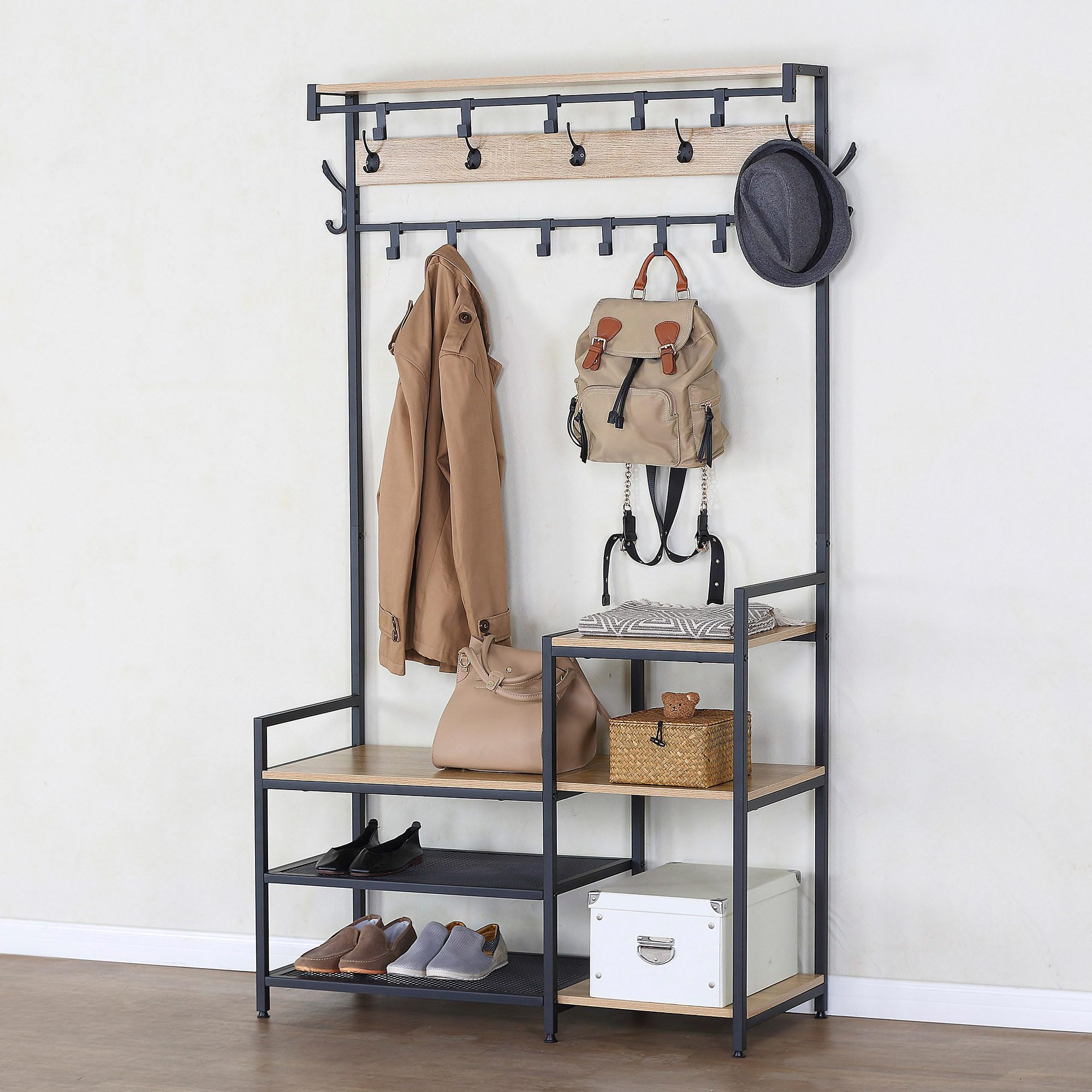 AKTIVE Max Home Zapatero entrada recibidor y perchero de pie, 17 ganchos y 4 estantes, 102x40x180 cm, Industrial, Recibidores, Estantería, Patas nivelables, Zapateros, Percheros pared (18429)