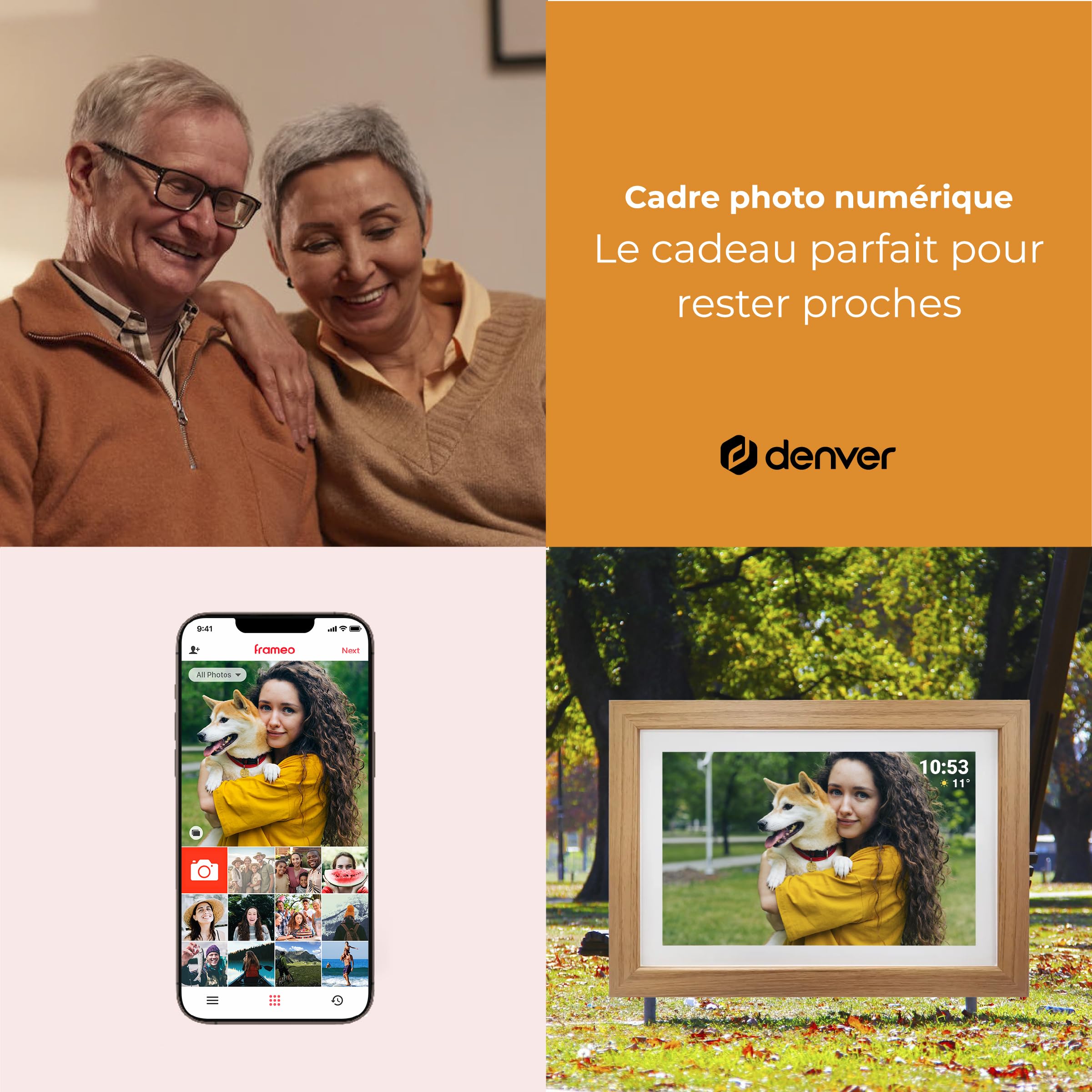 Denver PFF-1042LW Cadre Photo numérique Wi-FI FRAMEO 10,1 Pouces, écran Tactile IPS 1280 x 800, mémoire 16 Go, Application iOS/Android, Bois Clair