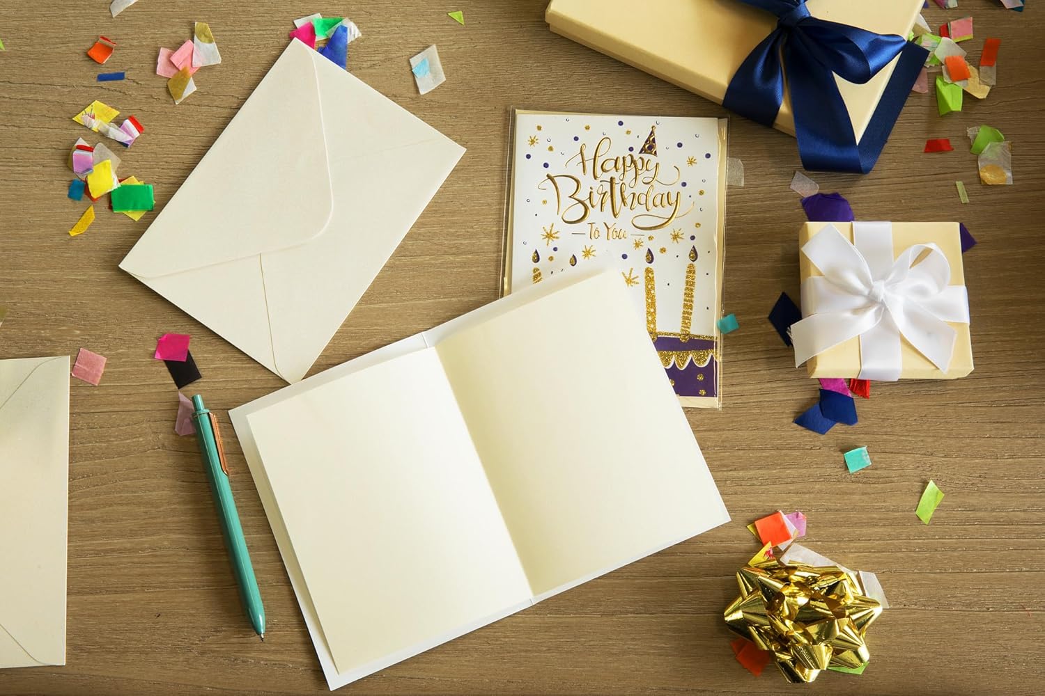 18 Individually Wrapped Birthday Cards Assortment with Envelopes/Stickers. For Women, Men, Kids. Large 5”x7”, Blank Inside. Adorned with Gold Glitter and Embossed Gold Foil.