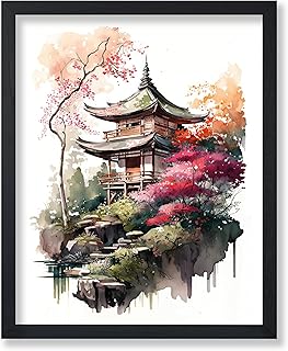 Poster Master Japanese Temple Poster - Japanese Temple Print - Watercolor Art - Housewarming Gift for Men, Women, Travel Lover - Landscape Decor for Home, Office, Living Room - 8x10 UNFRAMED Wall Art