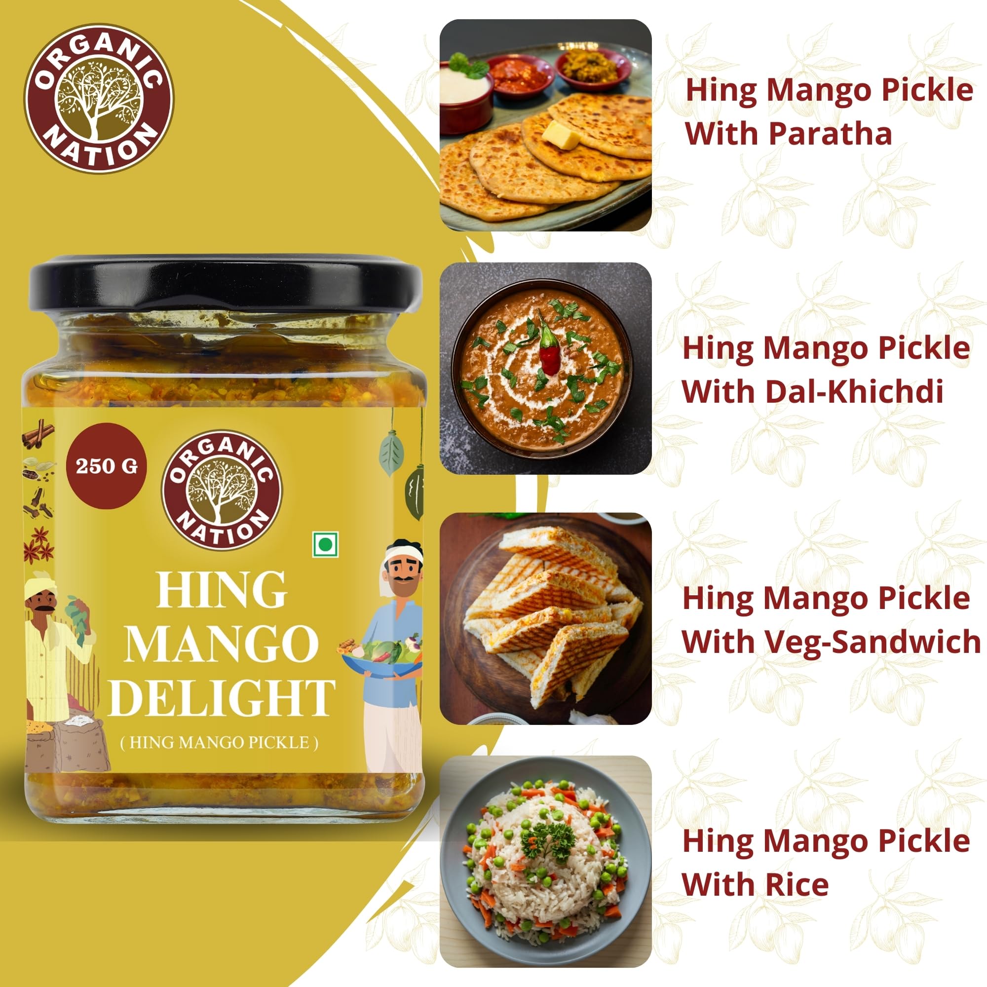 ORGANIC NATION Delicious Hing Ka Aam Pickle, No Preservatives, Aam Ka Achar, Homemade Mango Pickle, 250g Jar, Natural Ingredients, Traditional Recipe, Perfectly Spiced, Vibrant Yellow 1