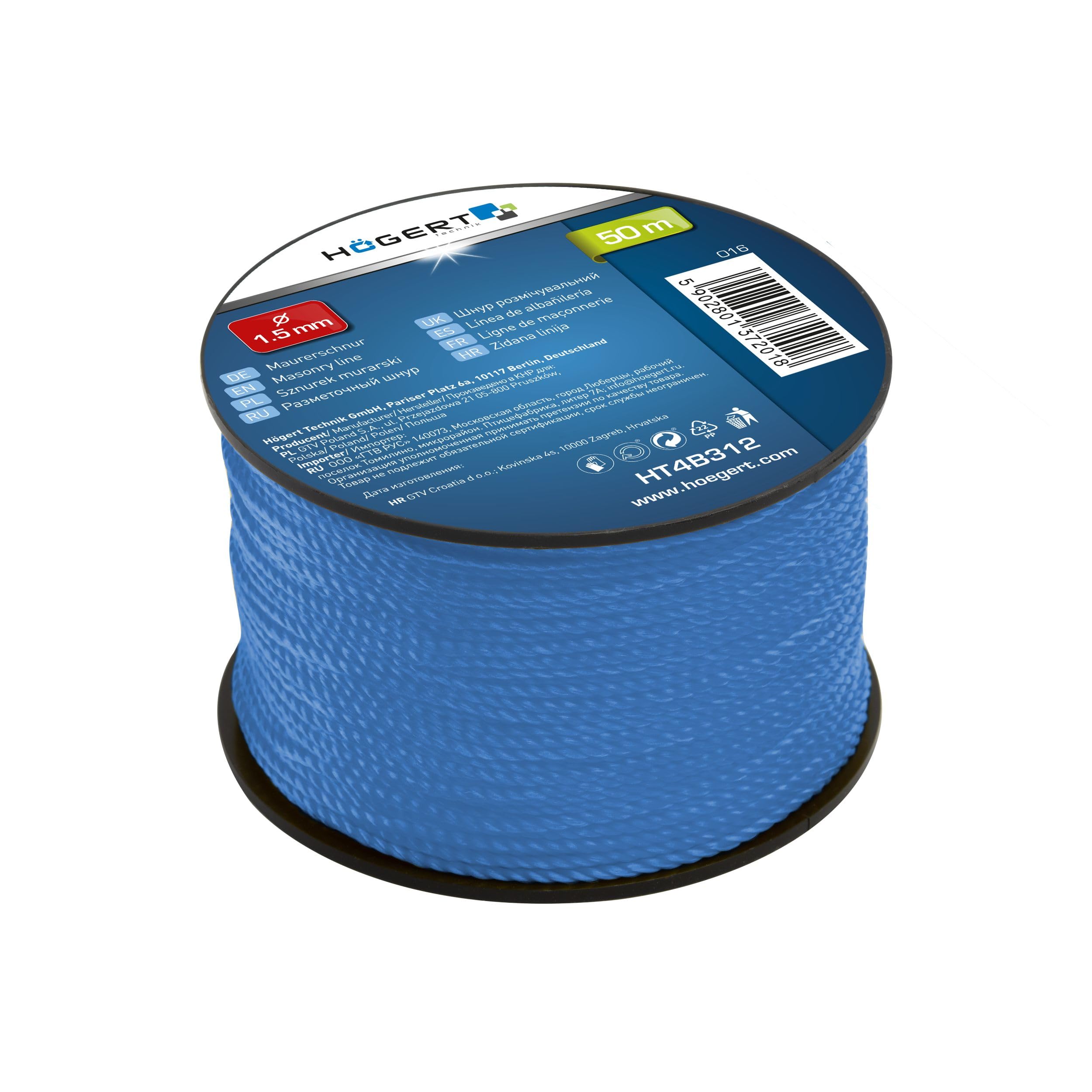 Högert Technik - Filo per muratura 50 m - Filo da muratura blu - Ø 1,5 mm - Resistente agli strappi e carico - Su bobina/corda/cordicella/cordicella/filo per pavimentazione
