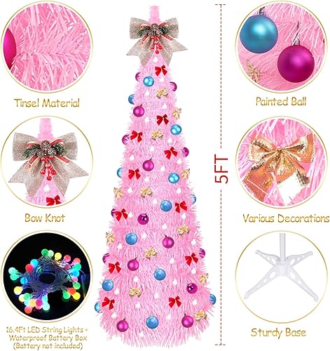 Miniatura 2 de Árbol de Navidad desplegable, árbol de Navidad plegable de 5 pies con 30 luces LED multicolor, árbol de Navidad con bola de lazo, caja de regalo