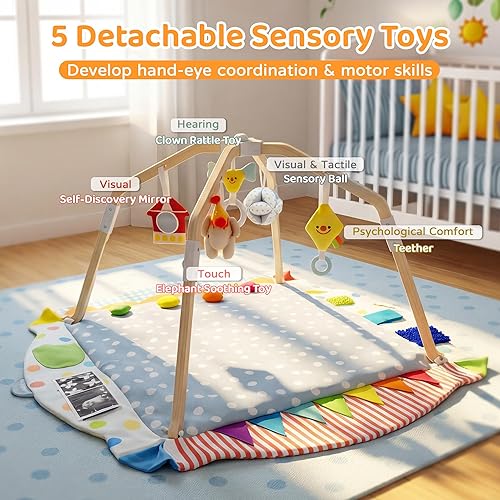 Miniatura 4 de Kizfarm Tapete de gimnasio para bebé, 5 zonas de desarrollo, tapete de madera para el tiempo boca abajo, tapete de actividad para bebé para el suelo