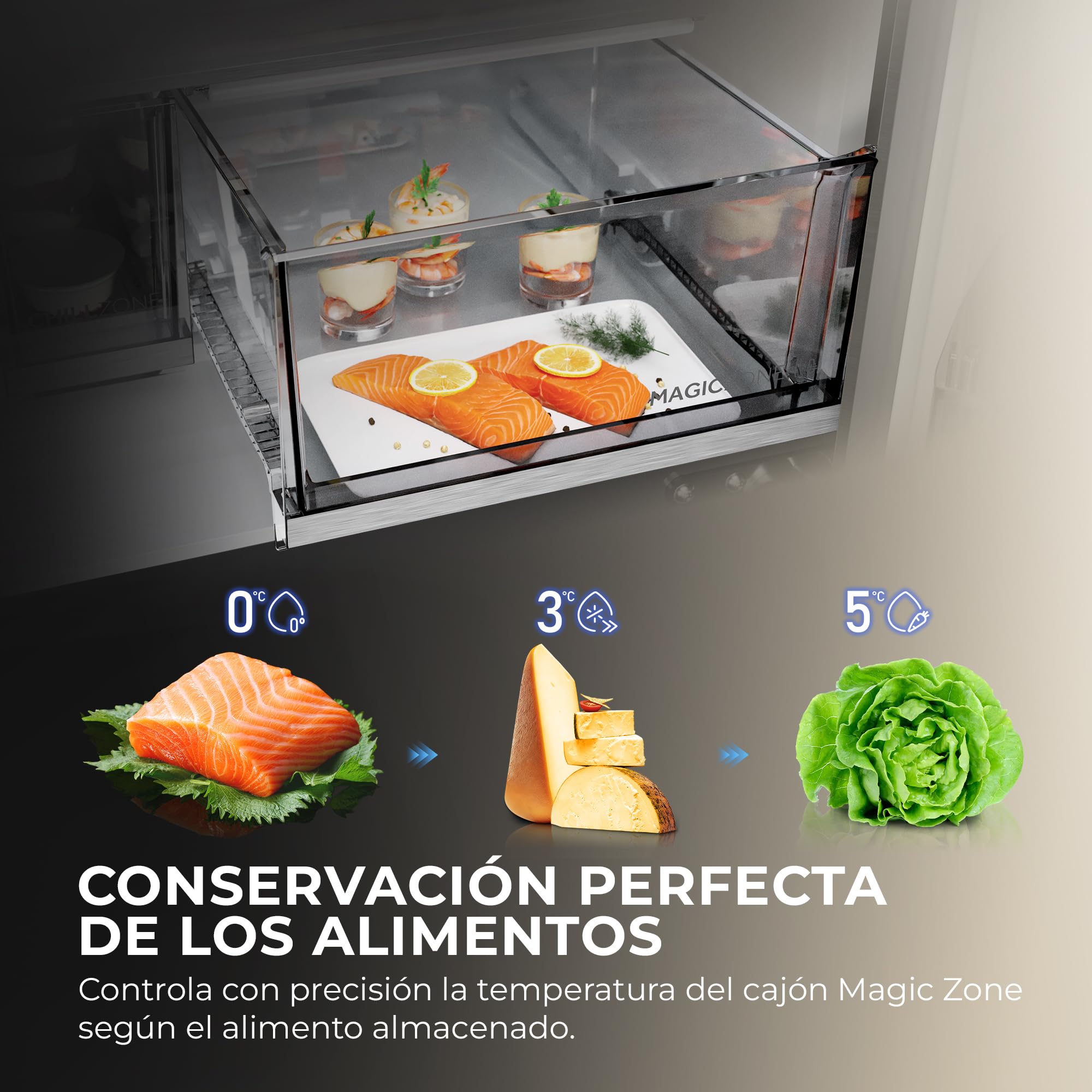 Haier Horizon Collection HCR59F18DNMM - Frigorífico Americano 706L, 4 Puertas, Antibacterias ABT, Motor Inverter, Magic Zone, Total No Frost, Ancho 90,5 cm, Alto 182,5 cm, Metal Fresh, Inox