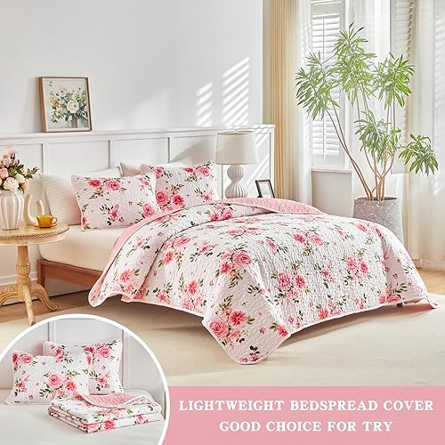 Miniatura 3 de UOZZI BEDDING Juego de edredón floral de 3 piezas, tamaño Queen, color blanco y rosa, de microfibra suave, ligero, reversible, para todas las