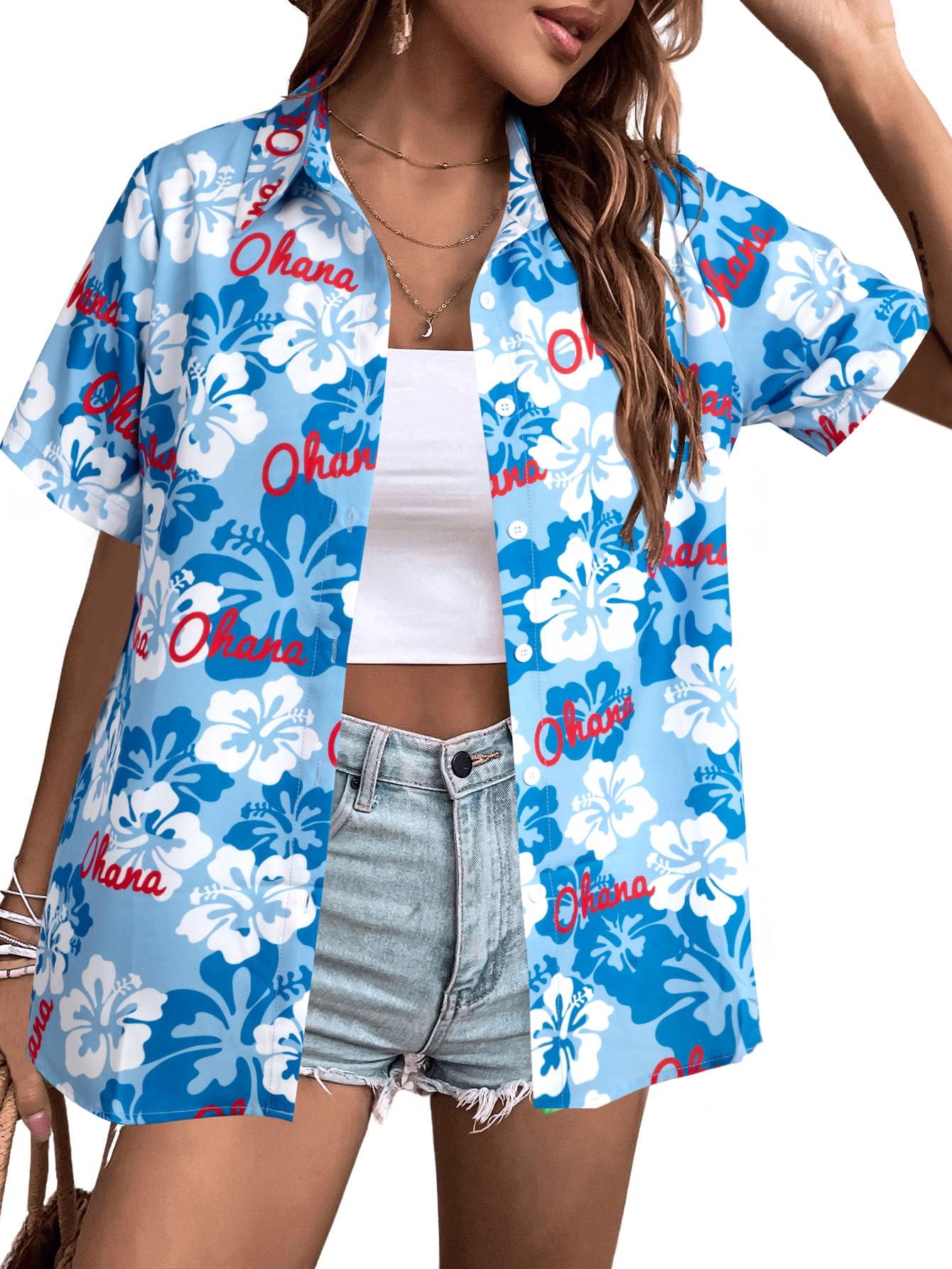 KIDDAD Hawaiian Shirts for Women: Ohana Means Family Shirt Hawaii Tropical Graphic T-Shirt Summer Beach Button Up Tops