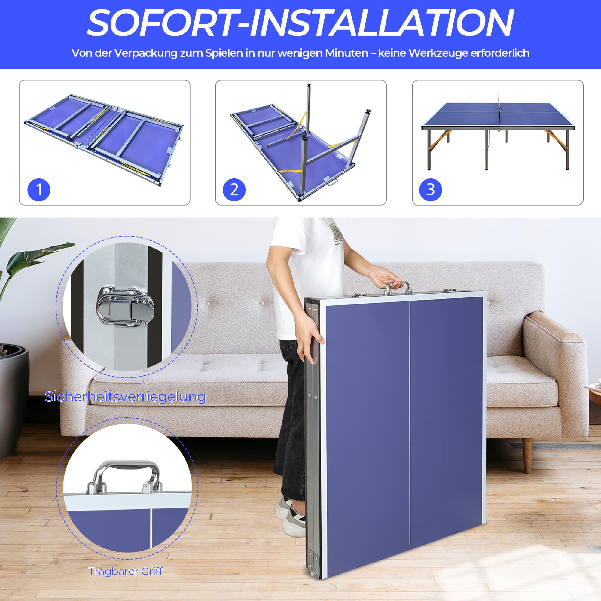Tischtennisplatte Outdoor und Indoor - Klappbar mit Netz - Komplett-Set inkl. Tischtennisschläger-Set und Bällen - 6-Bein-Design mit Blauer Spielfläche