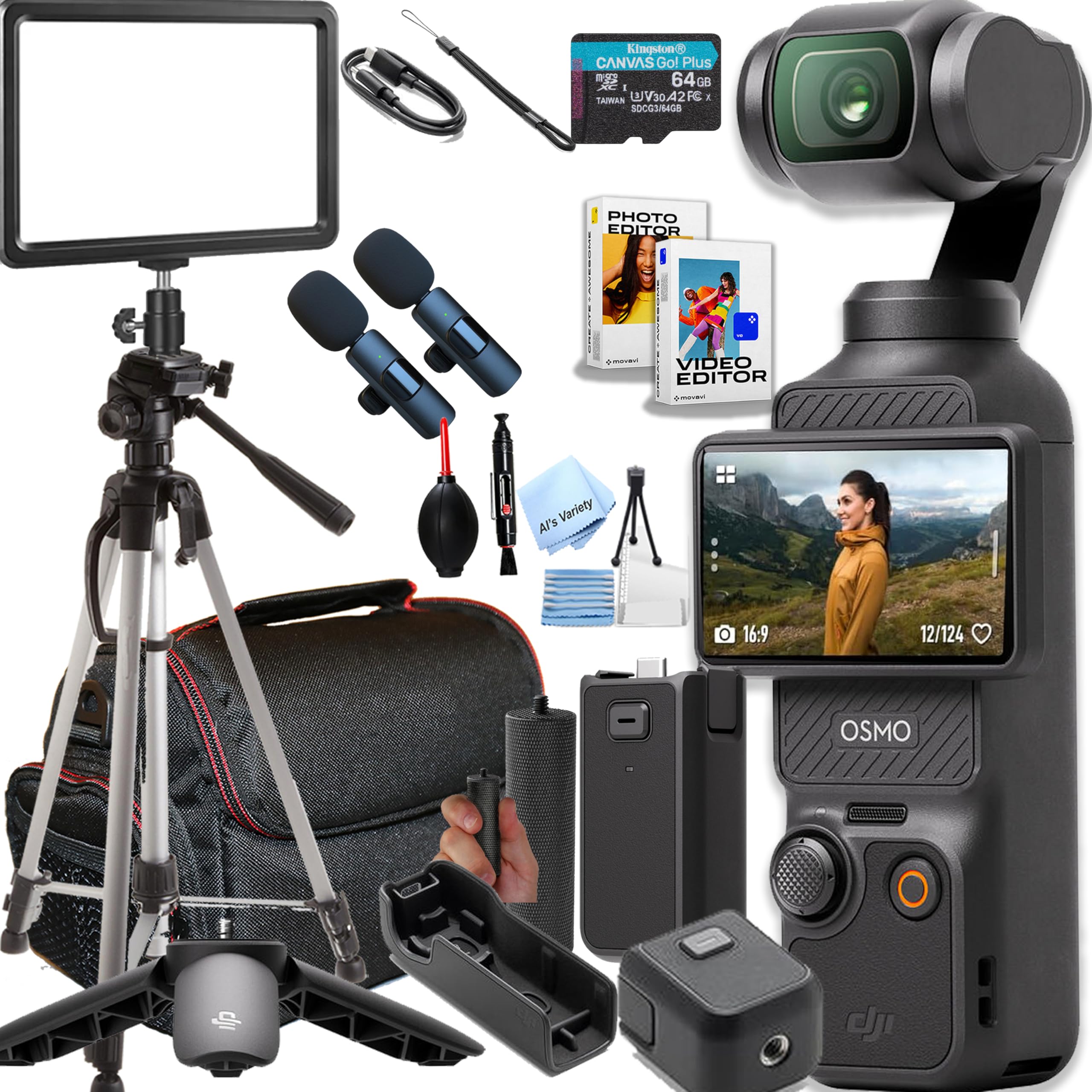 DJI Osmo Pocket 3 Capture More Combo Creator Bundle – 4K/120fps 1” CMOS Camera w/ 64GB Card, Battery Handle, Tripod, 104 LED Panel Light, 2 Wireless Lavalier Mics, Case, Grip & Video/Photo Software