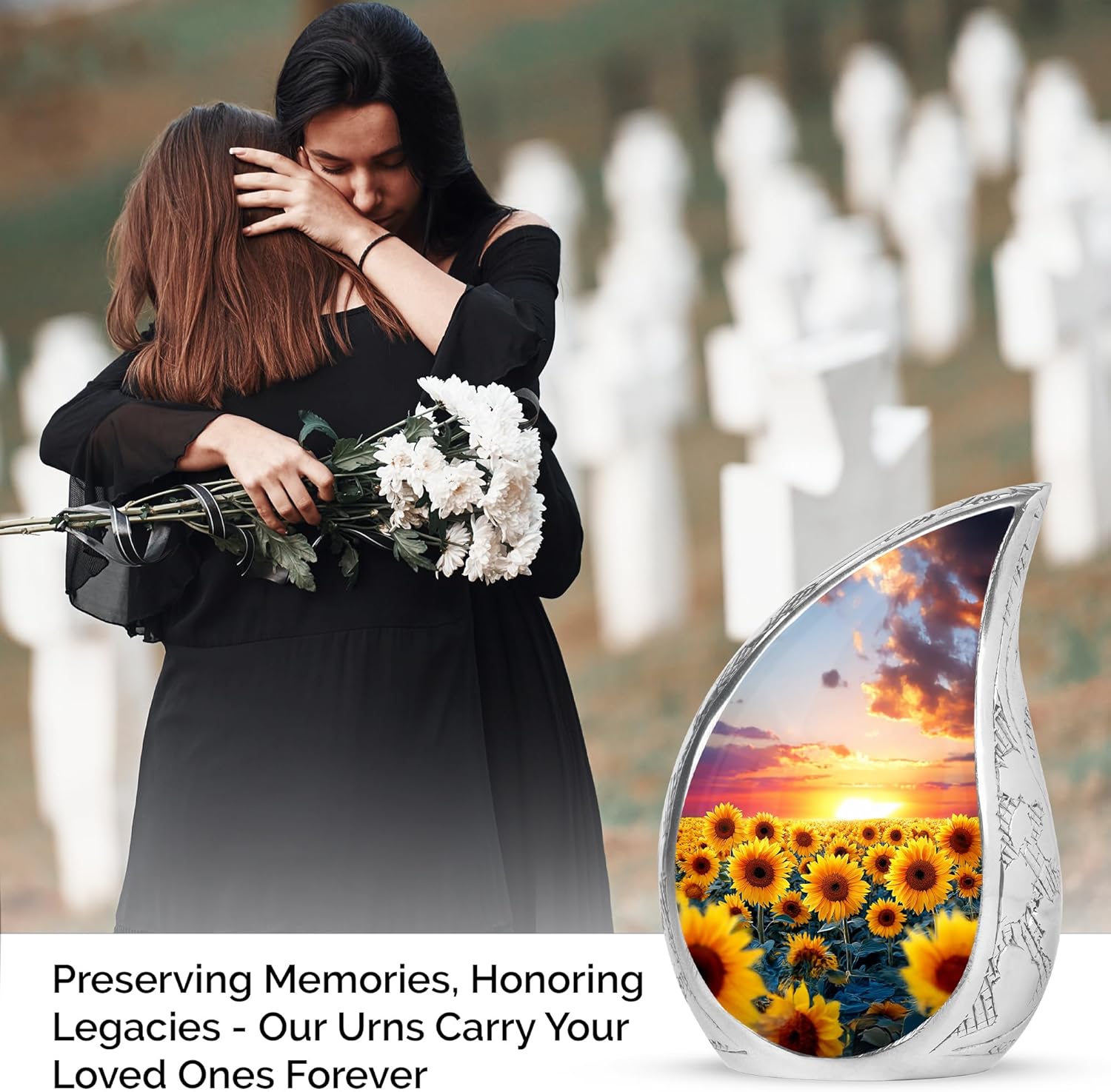 Sunflower Teardrop Urn for Ashes Adult Male & Female Set of 1 Large & 4 Keepsake - Sunset Memorial Urn for Ashes for Women & Man - Decorative Yellow Flower Urns for Dad - 10 & 3 Inch