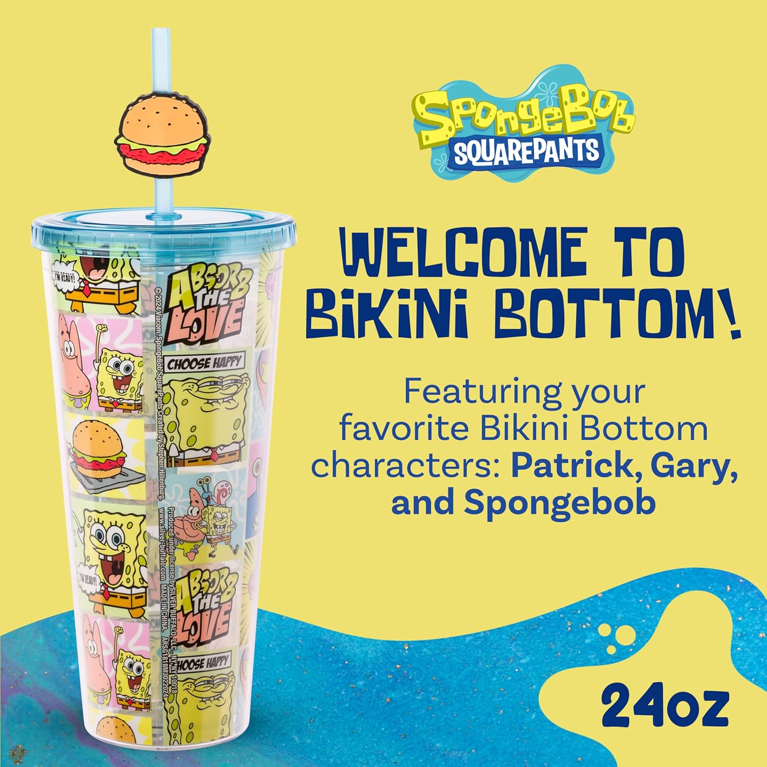 Silver Buffalo Spongebob Squarepants Comic Panel Happy and Love Featuring Patrick Star and Gary the Snail Plastic Cold Cup with Lid and Straw Topper, 24 Ounces - Image 2