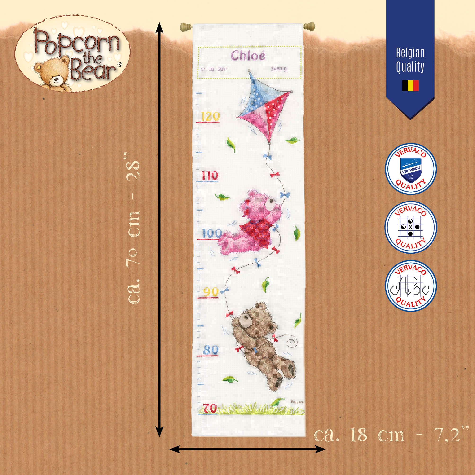 Kit Broderie Point De Croix Vervaco - Mesure Hauteur Enfant POPCORN THE BEAR - 18x70 Cm